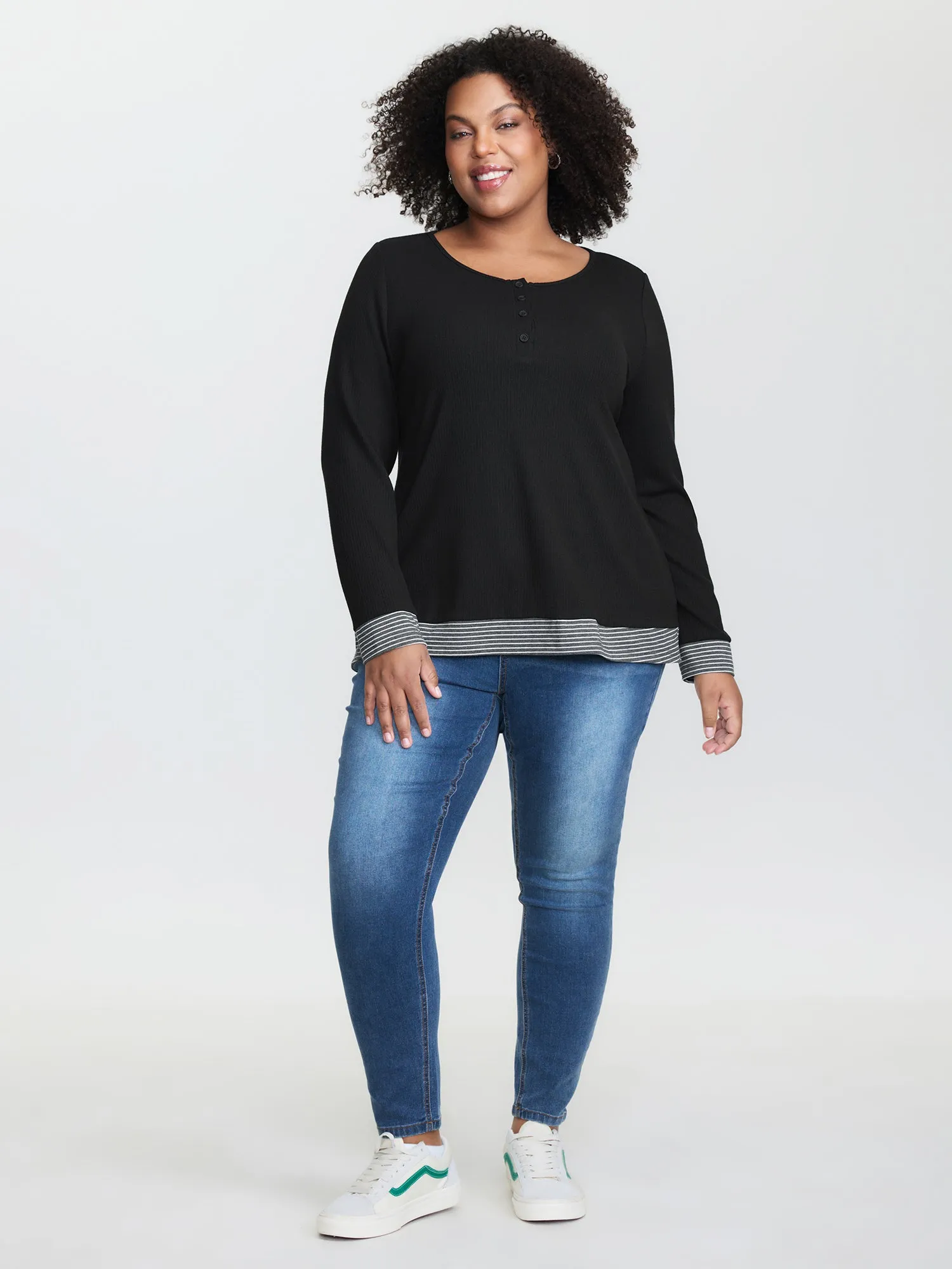 Striped Contrast Button Placket T-Shirt sold by Bloomchic product image thumbnail 2