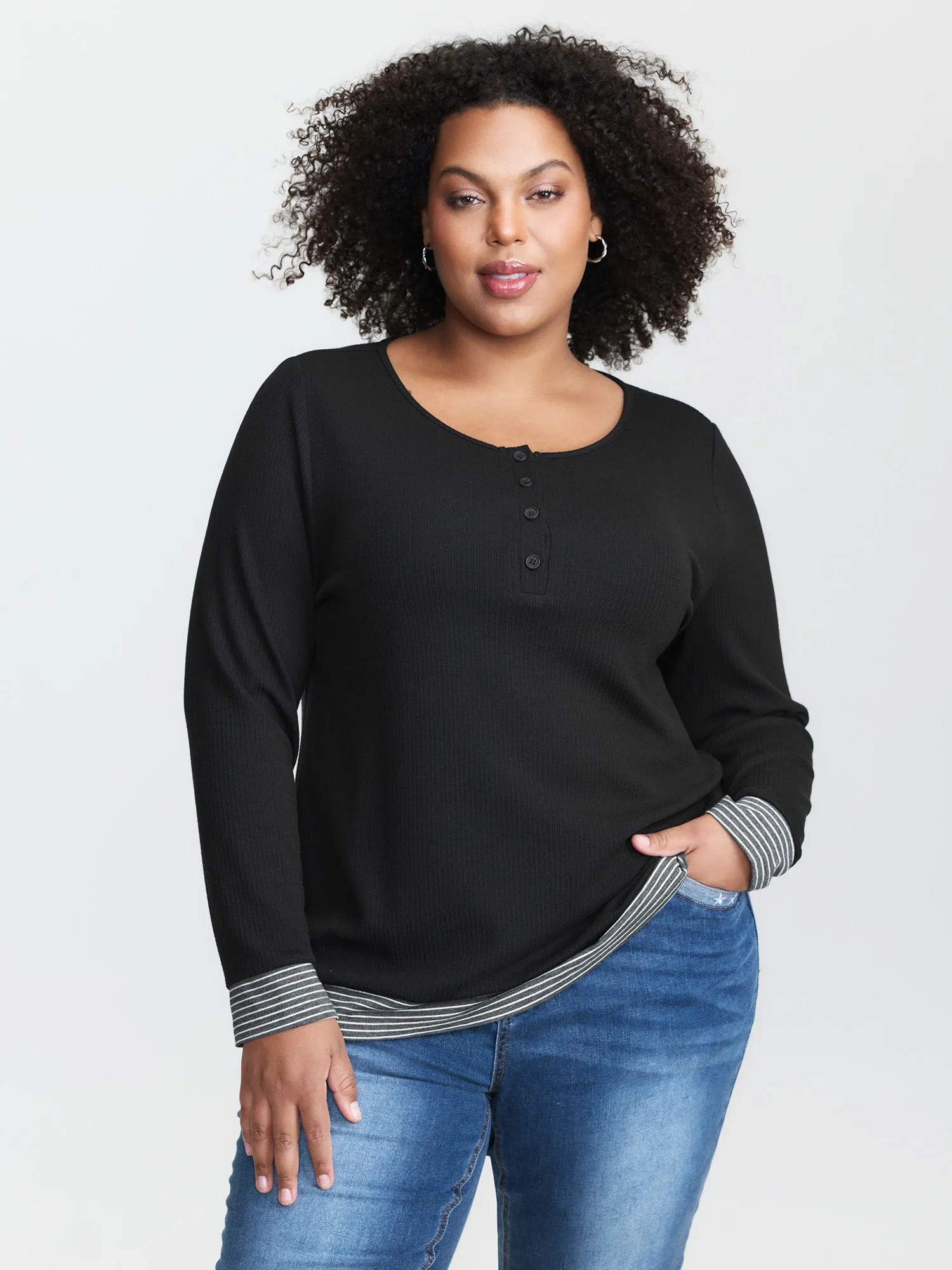 Striped Contrast Button Placket T-Shirt sold by Bloomchic