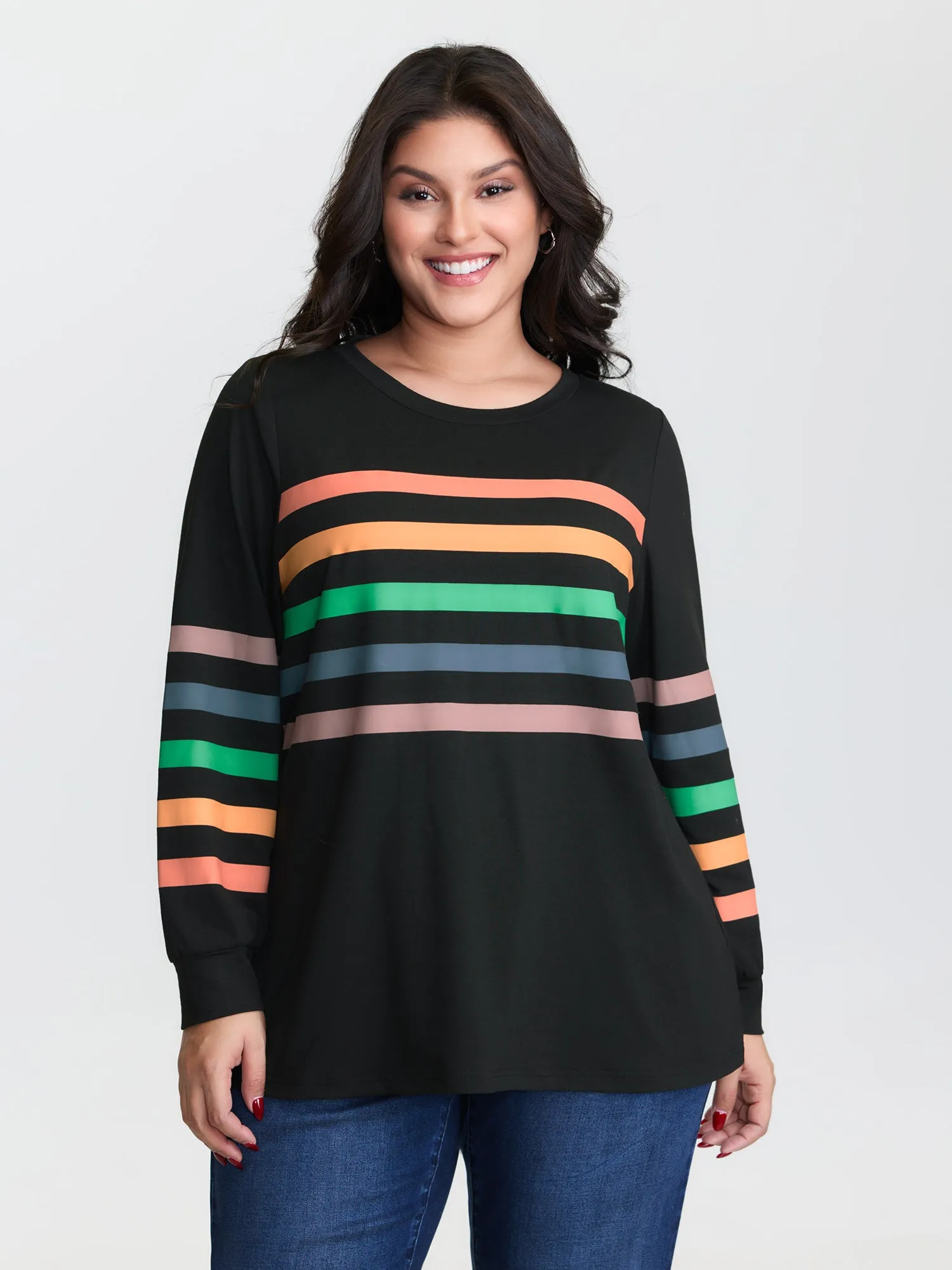 Multi-Color Striped Round Neck T-Shirt sold by Bloomchic