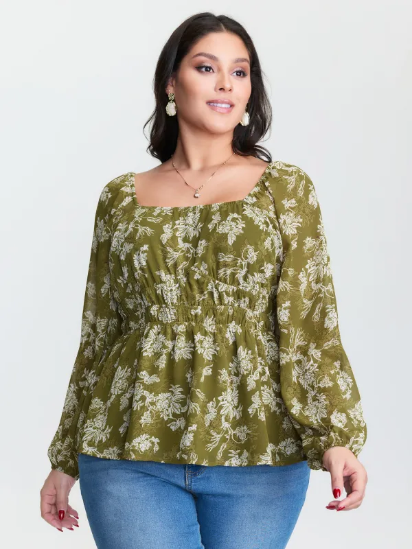 Monochrome Floral Print Shirred Waist Blouse sold by Bloomchic