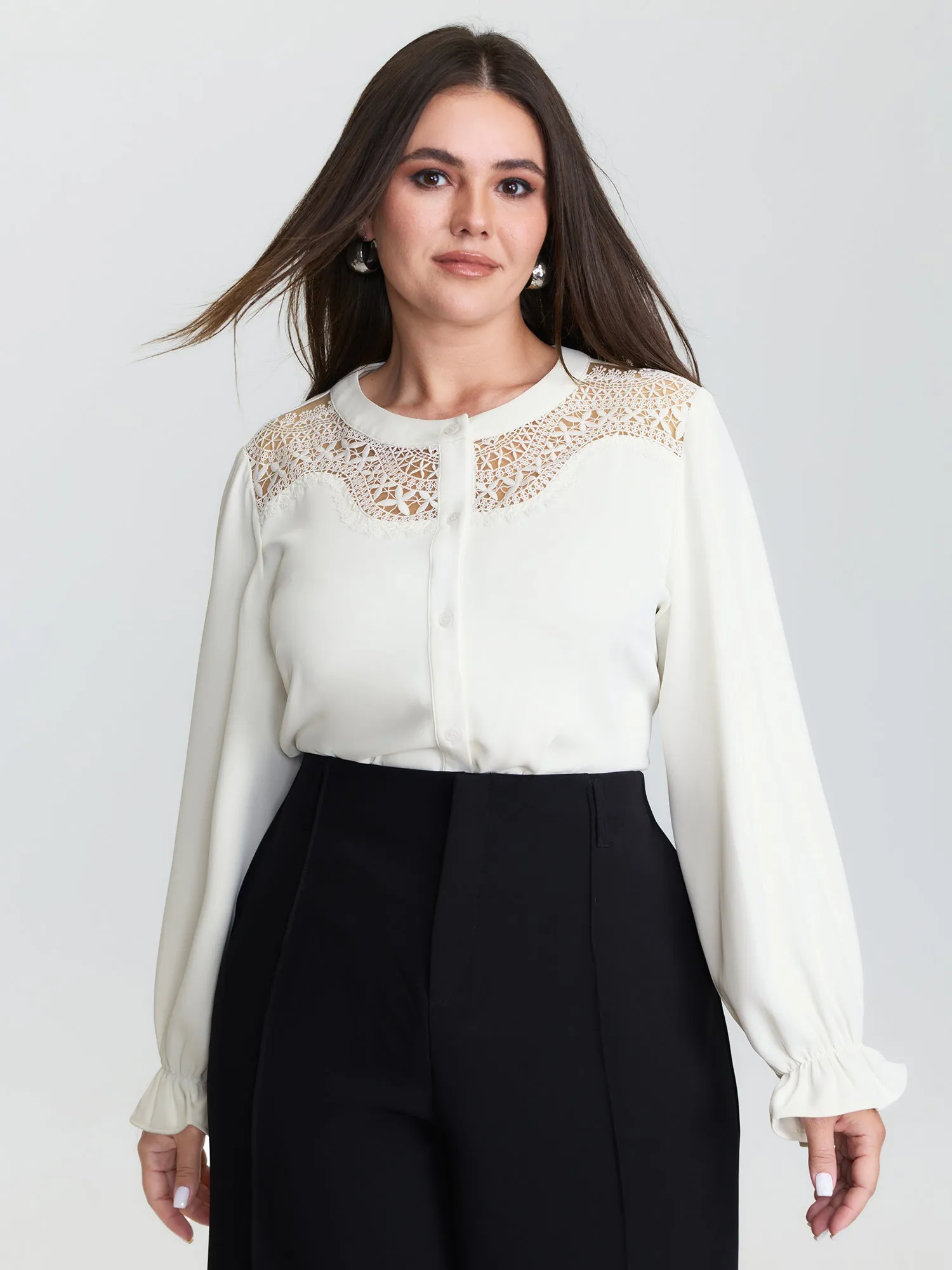 Sheer Neckline Ruffled Cuff Sleeve Blouse sold by Bloomchic