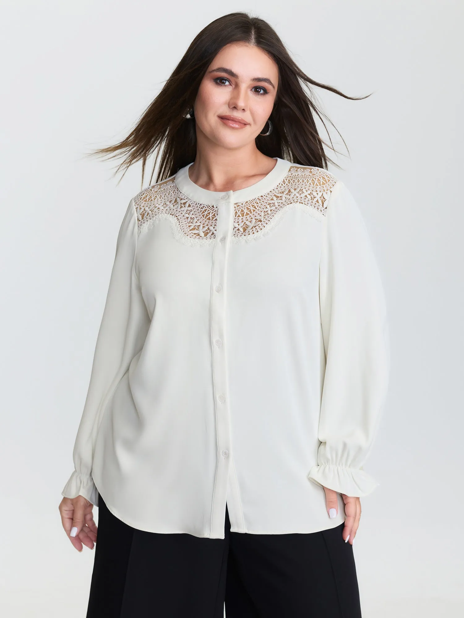 Sheer Neckline Ruffled Cuff Sleeve Blouse sold by Bloomchic product image thumbnail 4