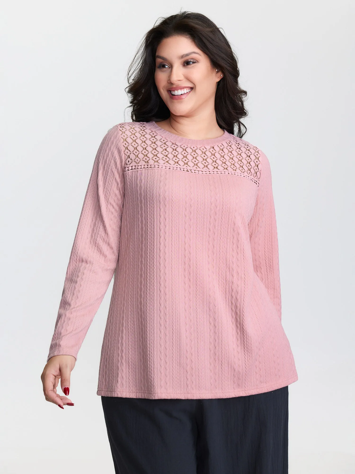 Lace Trim Textured Cut-Out T-Shirt sold by Bloomchic