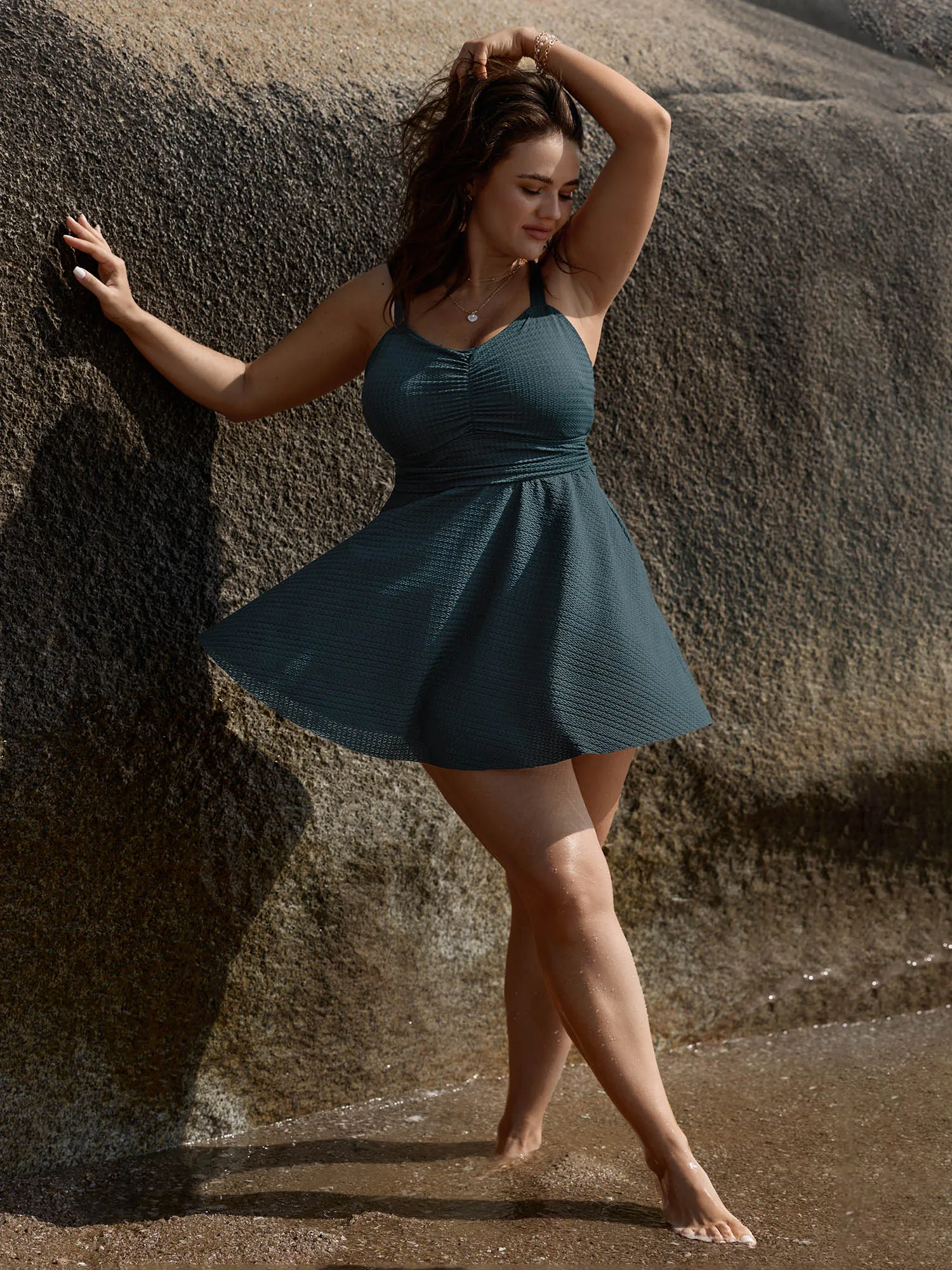 Textured Adjustable Cinched Flared Swim Dress sold by Bloomchic product image thumbnail 3