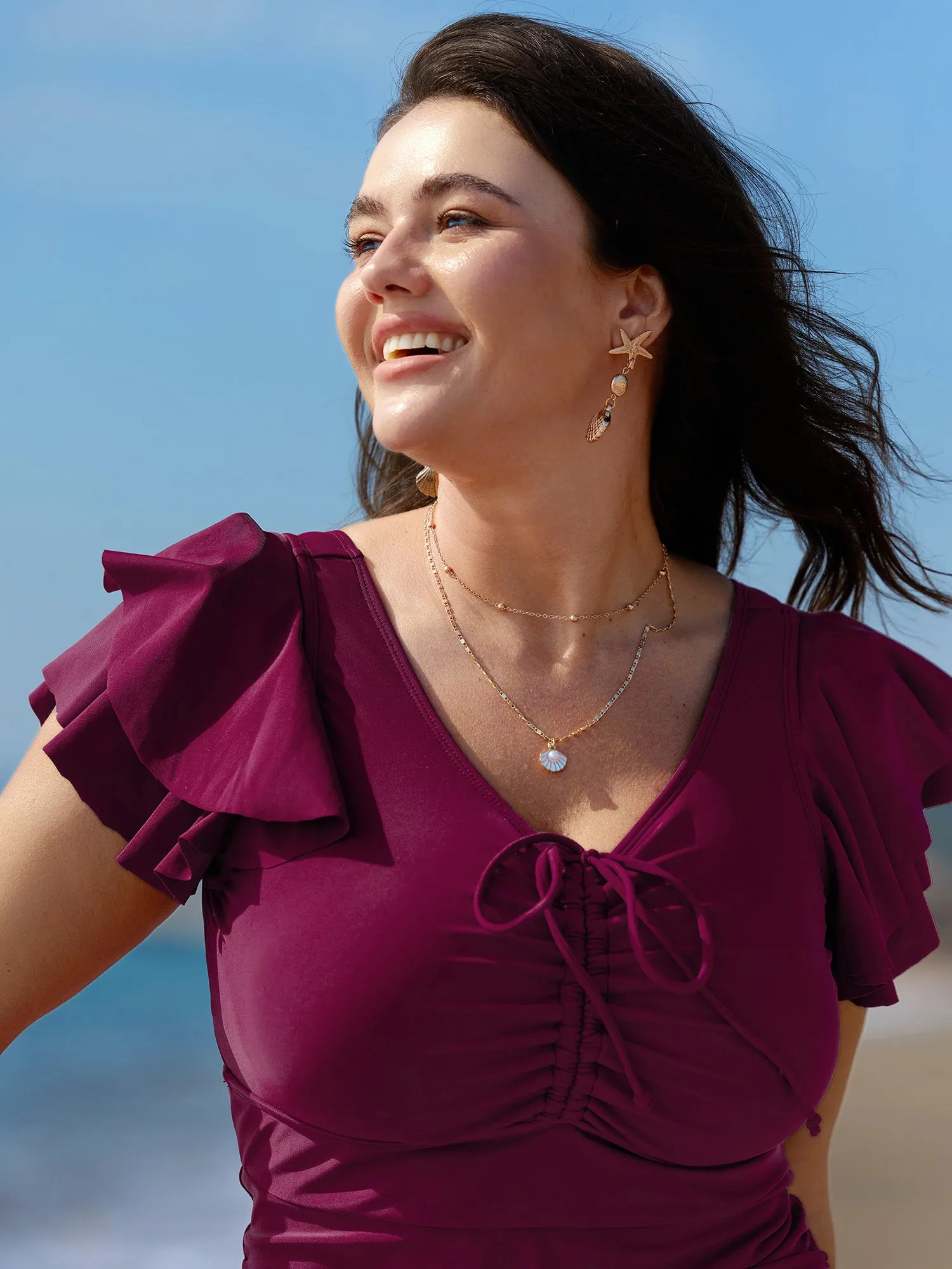 Flutter Sleeve Adjustable Drawstring One Piece Swimsuit sold by Bloomchic product image thumbnail 2