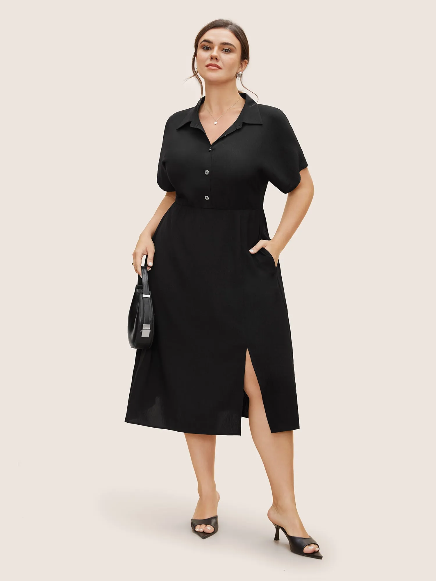 Shirt Collar Button Detail Split Front Dress sold by Bloomchic product image thumbnail 2