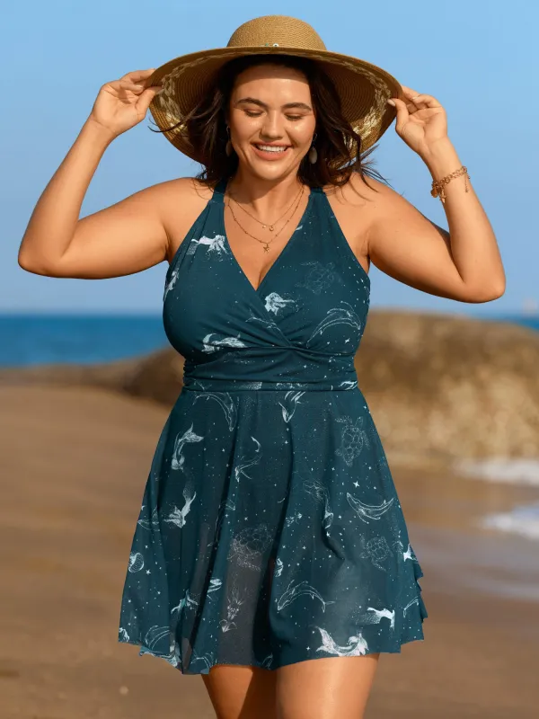 Ocean Pattern Mesh Surplice Swim Dress sold by Bloomchic