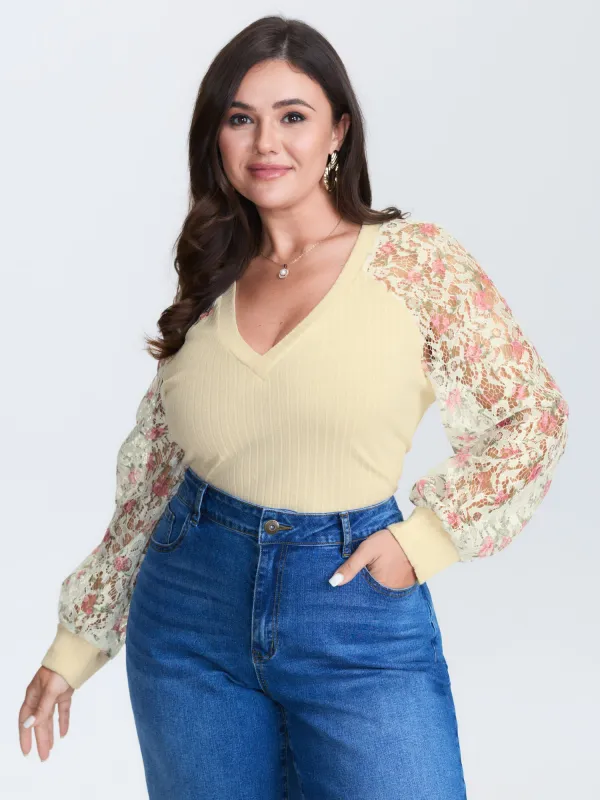 Floral Lace V-Neck Spliced Sweatshirt sold by Bloomchic