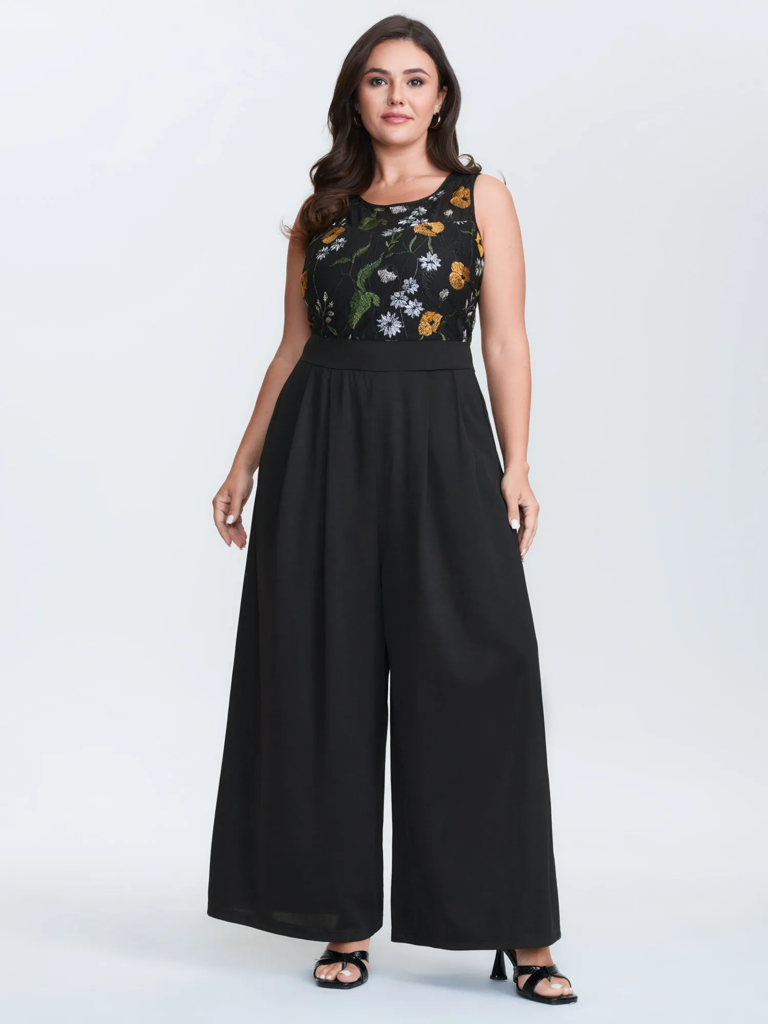Sheer Floral Cinched Waist Contrast Jumpsuit sold by Bloomchic product image thumbnail 3