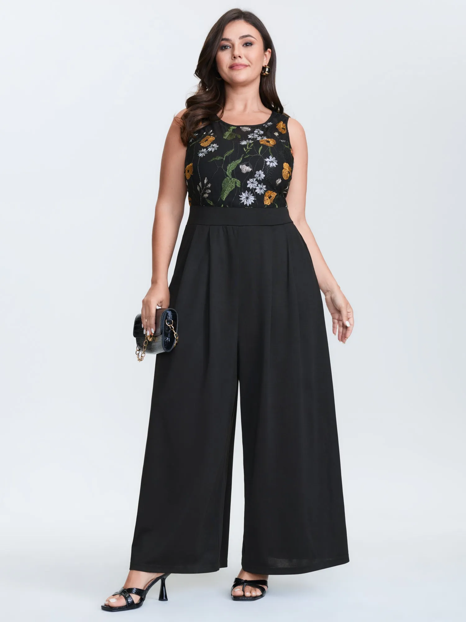 Sheer Floral Cinched Waist Contrast Jumpsuit sold by Bloomchic