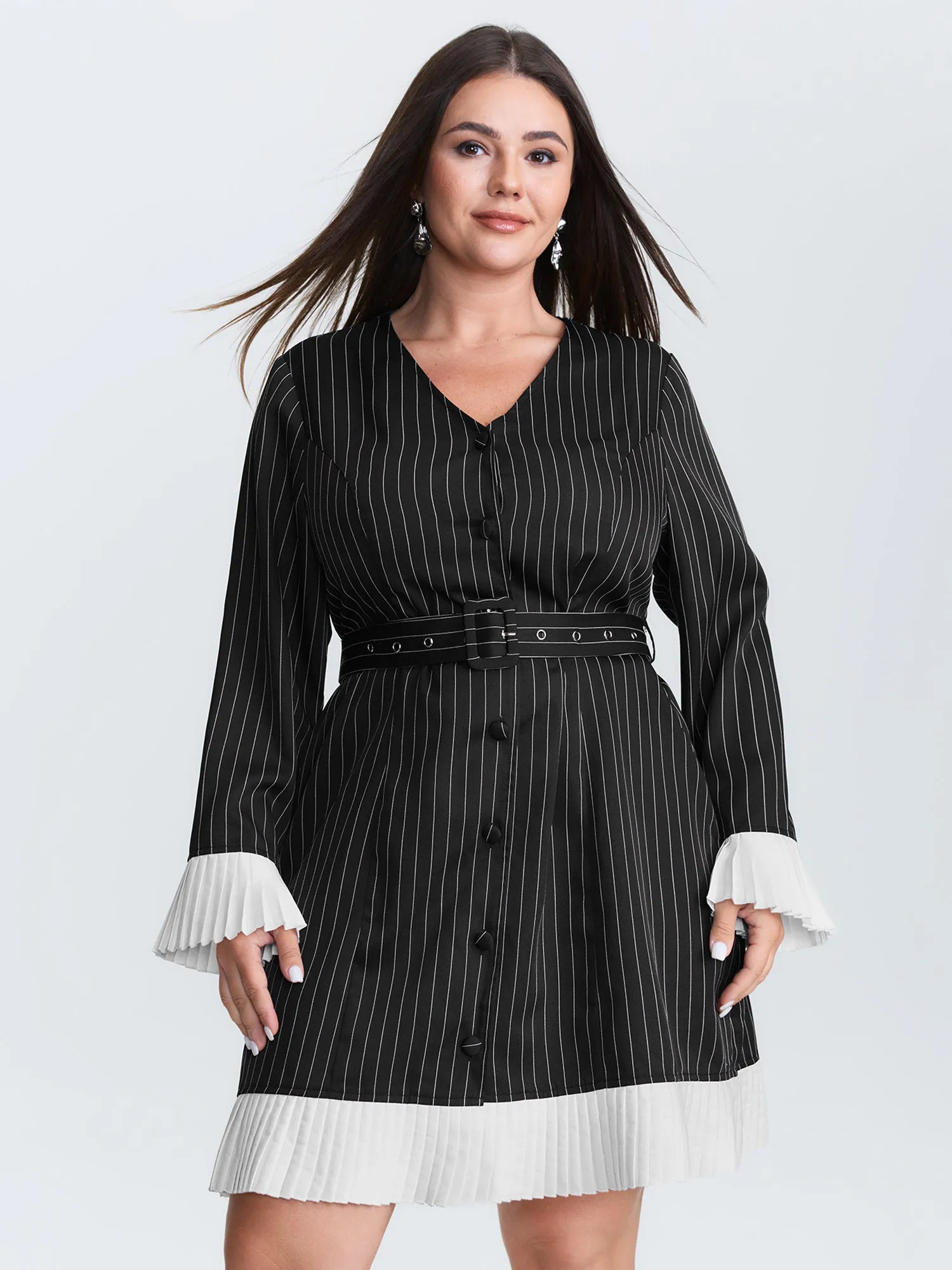 Striped Pleated Hem Belted Mini Dress sold by Bloomchic