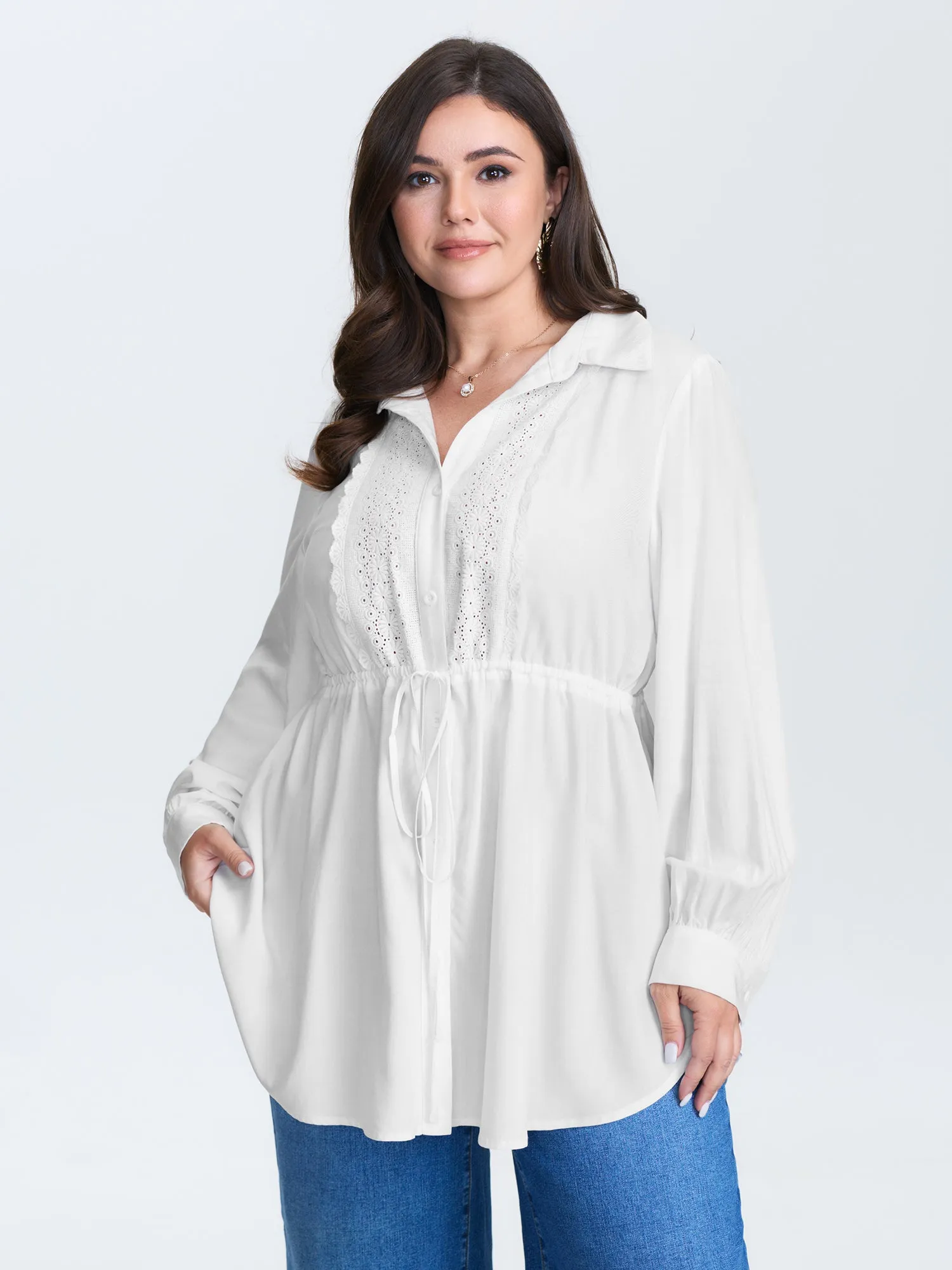 Lace Cut-Out Drawstring Waist Blouse sold by Bloomchic