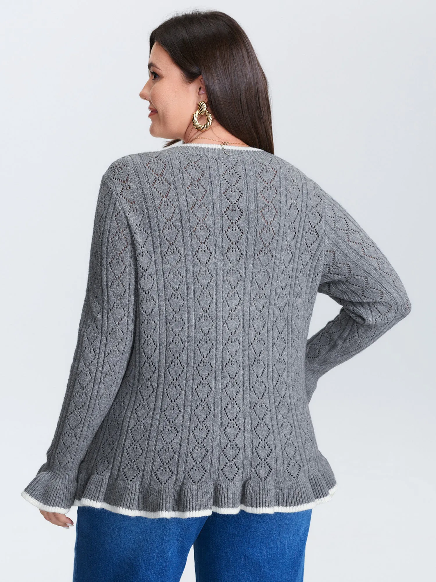 Textured Color Contrast Ruffled Hem Knit Cardigan sold by Bloomchic product image thumbnail 4