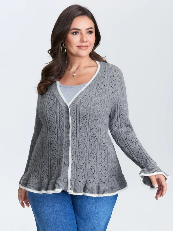 Textured Color Contrast Ruffled Hem Knit Cardigan sold by Bloomchic