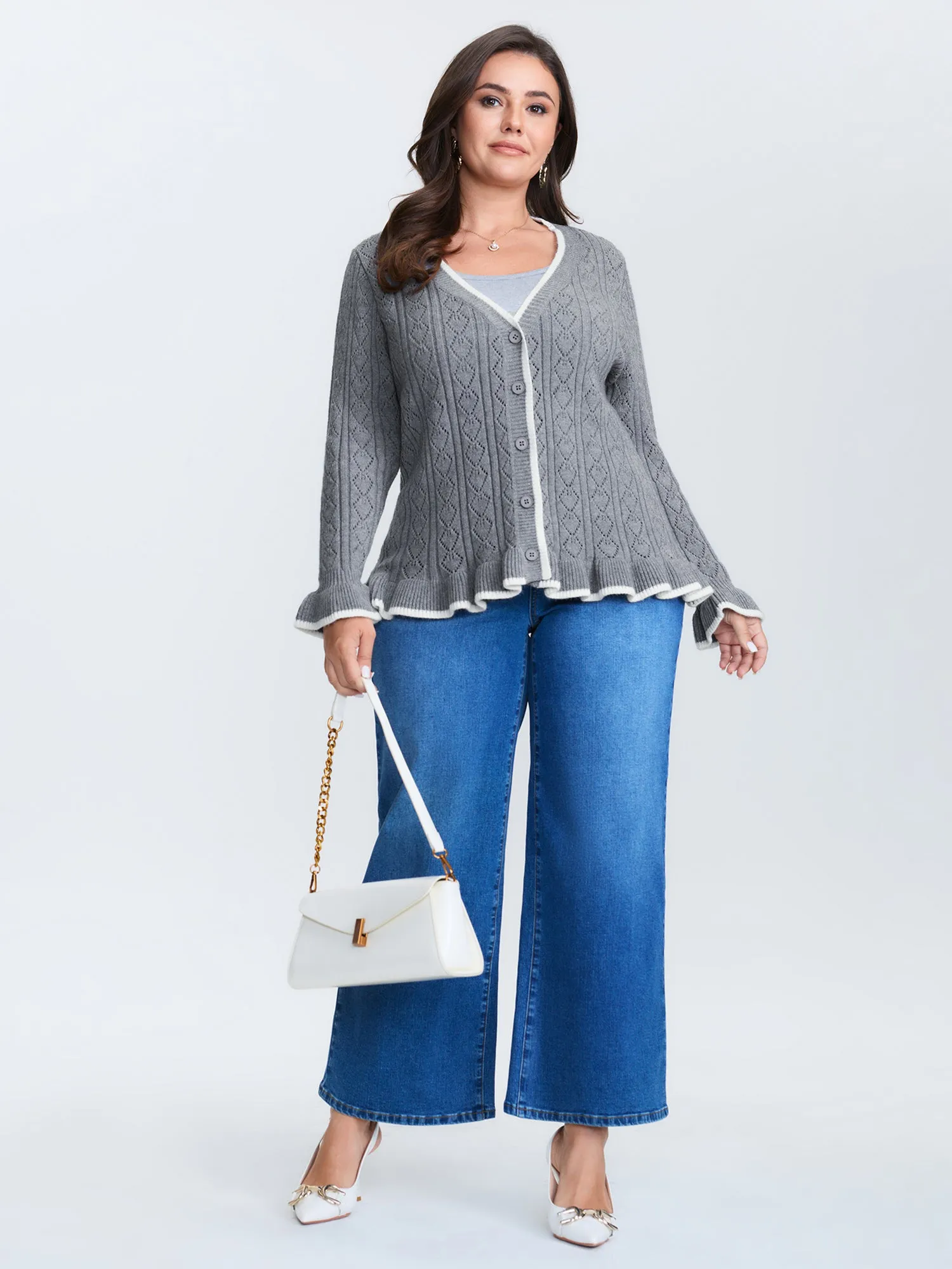 Textured Color Contrast Ruffled Hem Knit Cardigan sold by Bloomchic product image thumbnail 3