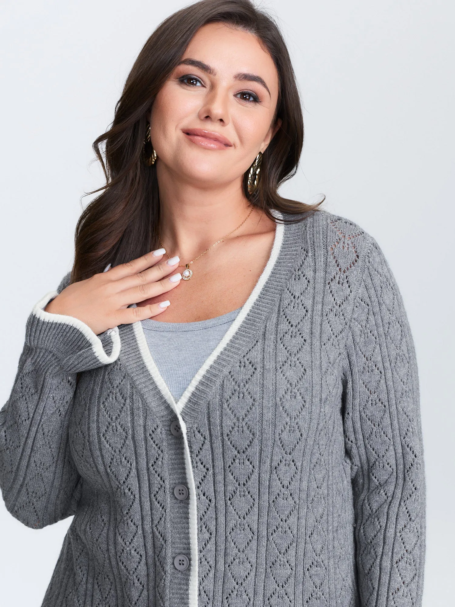 Textured Color Contrast Ruffled Hem Knit Cardigan sold by Bloomchic product image thumbnail 2