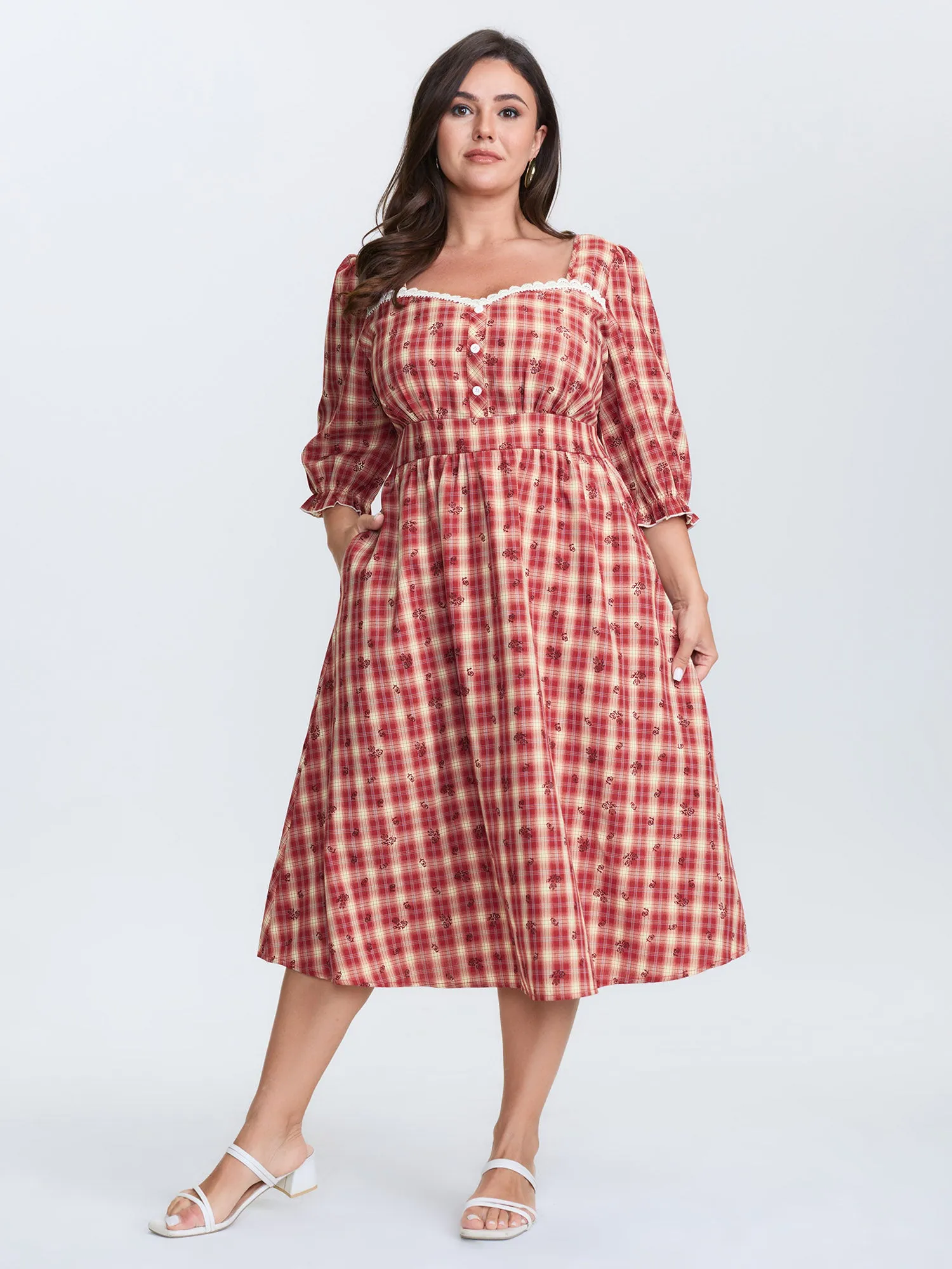 Plaid Floral Color Contrast Midi Dress sold by Bloomchic product image thumbnail 3