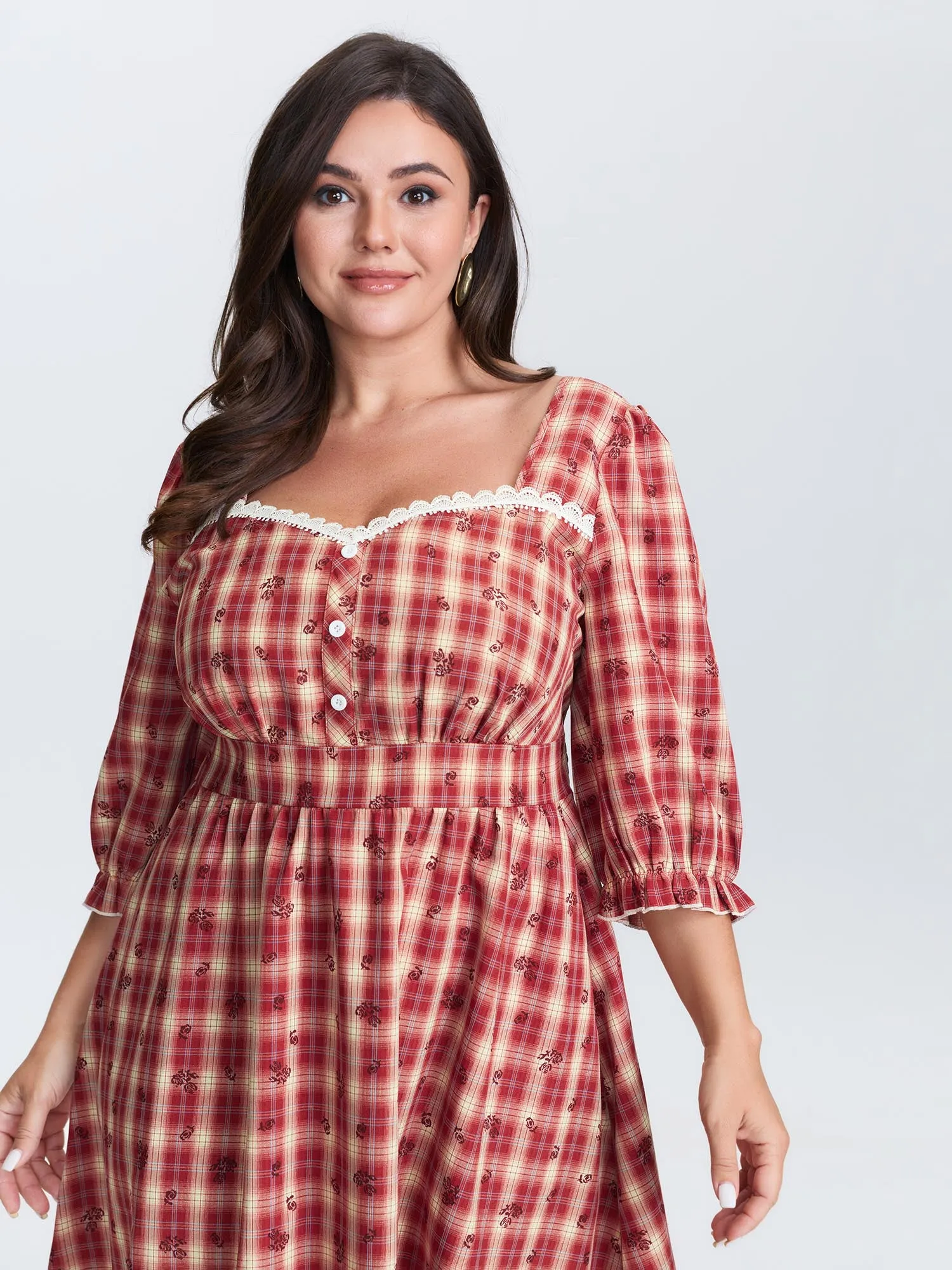 Plaid Floral Color Contrast Midi Dress sold by Bloomchic product image thumbnail 2