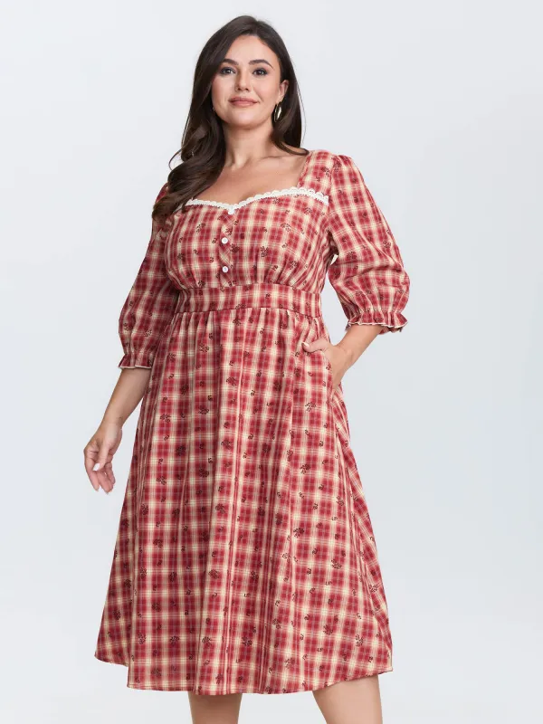 Plaid Floral Color Contrast Midi Dress sold by Bloomchic