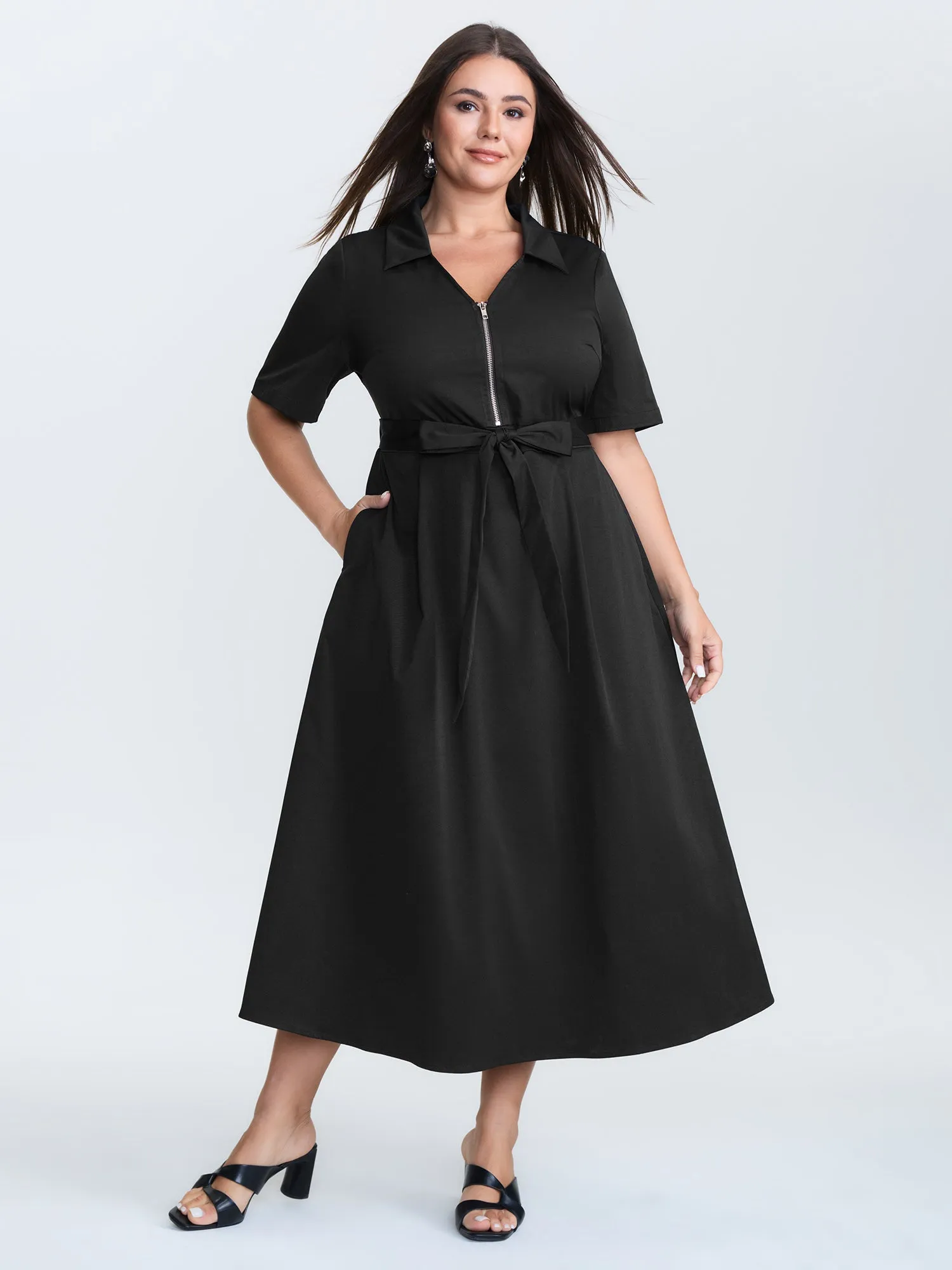 Collared Zipper Waist-Tie Maxi Dress sold by Bloomchic