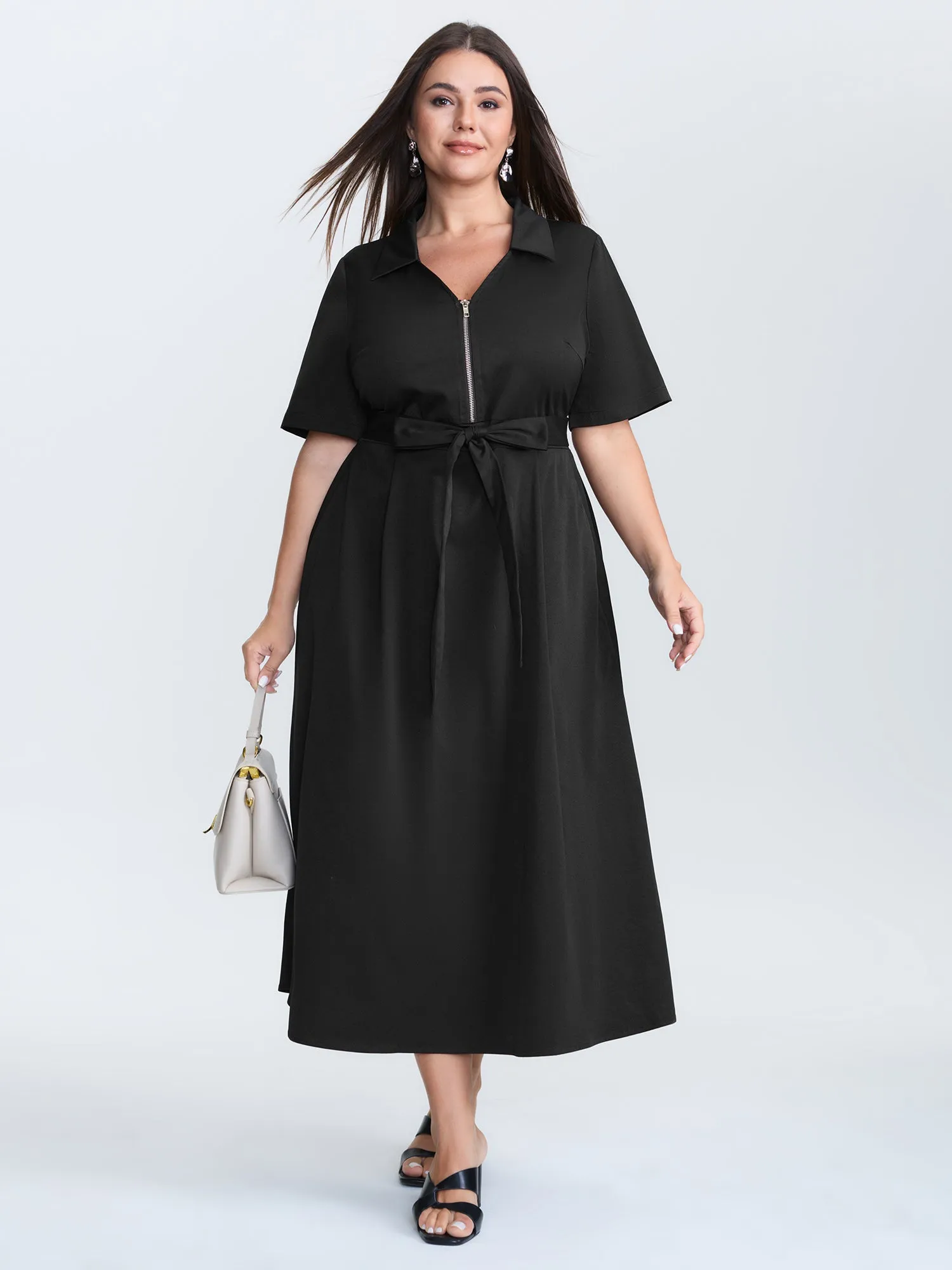 Collared Zipper Waist-Tie Maxi Dress sold by Bloomchic product image thumbnail 3