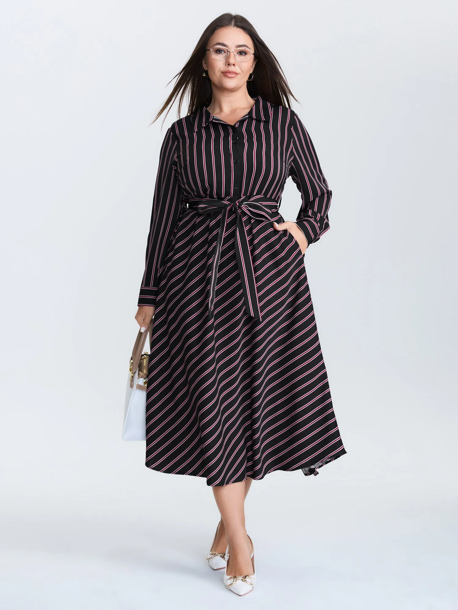 Striped Waist-Tie Collar Midi Dress sold by Bloomchic product image thumbnail 3