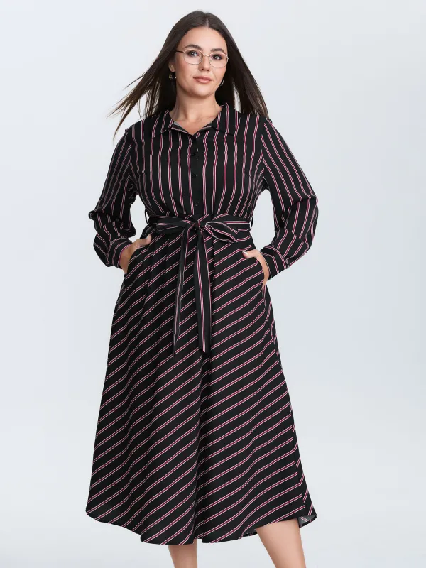 Striped Waist-Tie Collar Midi Dress sold by Bloomchic