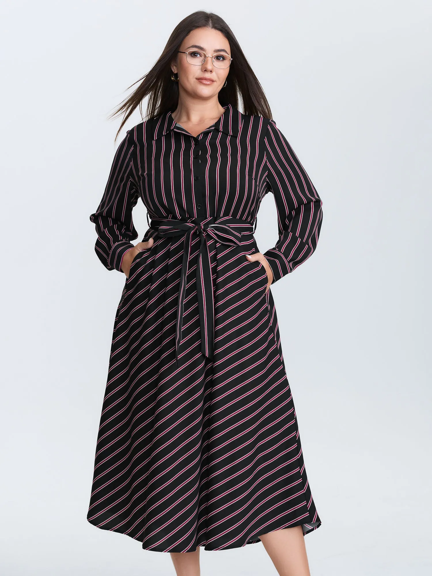 Striped Waist-Tie Collar Midi Dress sold by Bloomchic