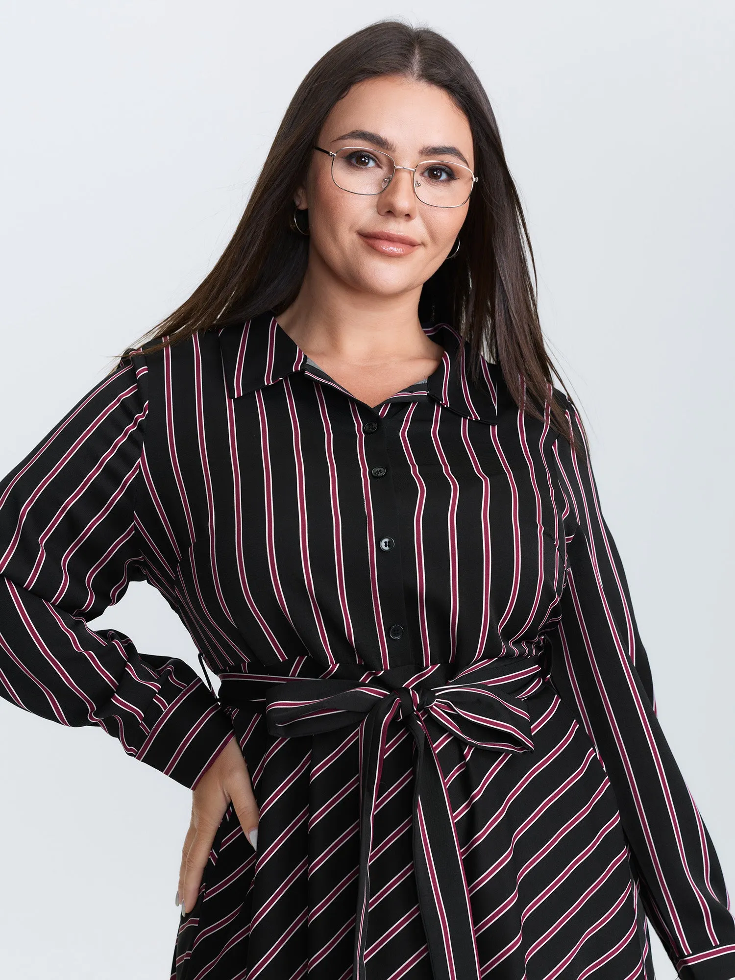 Striped Waist-Tie Collar Midi Dress sold by Bloomchic product image thumbnail 2