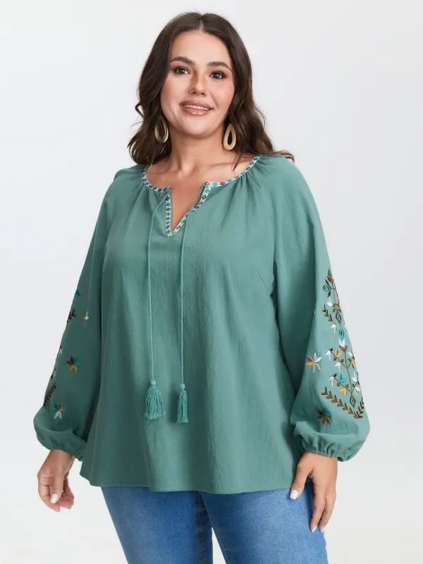 Cotton Floral Embroidered Sleeve Neckline Tie Blouse sold by Bloomchic