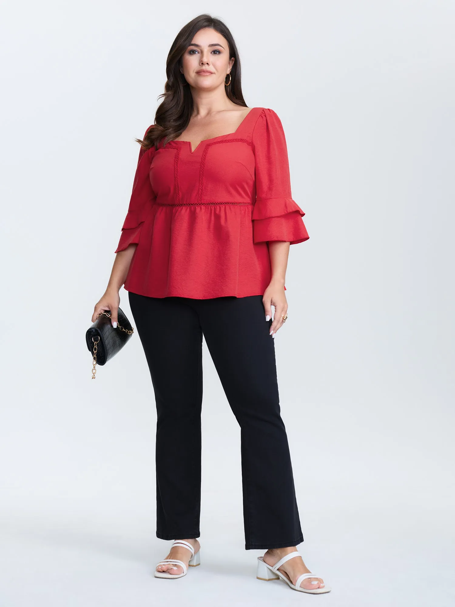 Lace Trim Shirred Back Flared Blouse sold by Bloomchic product image thumbnail 3