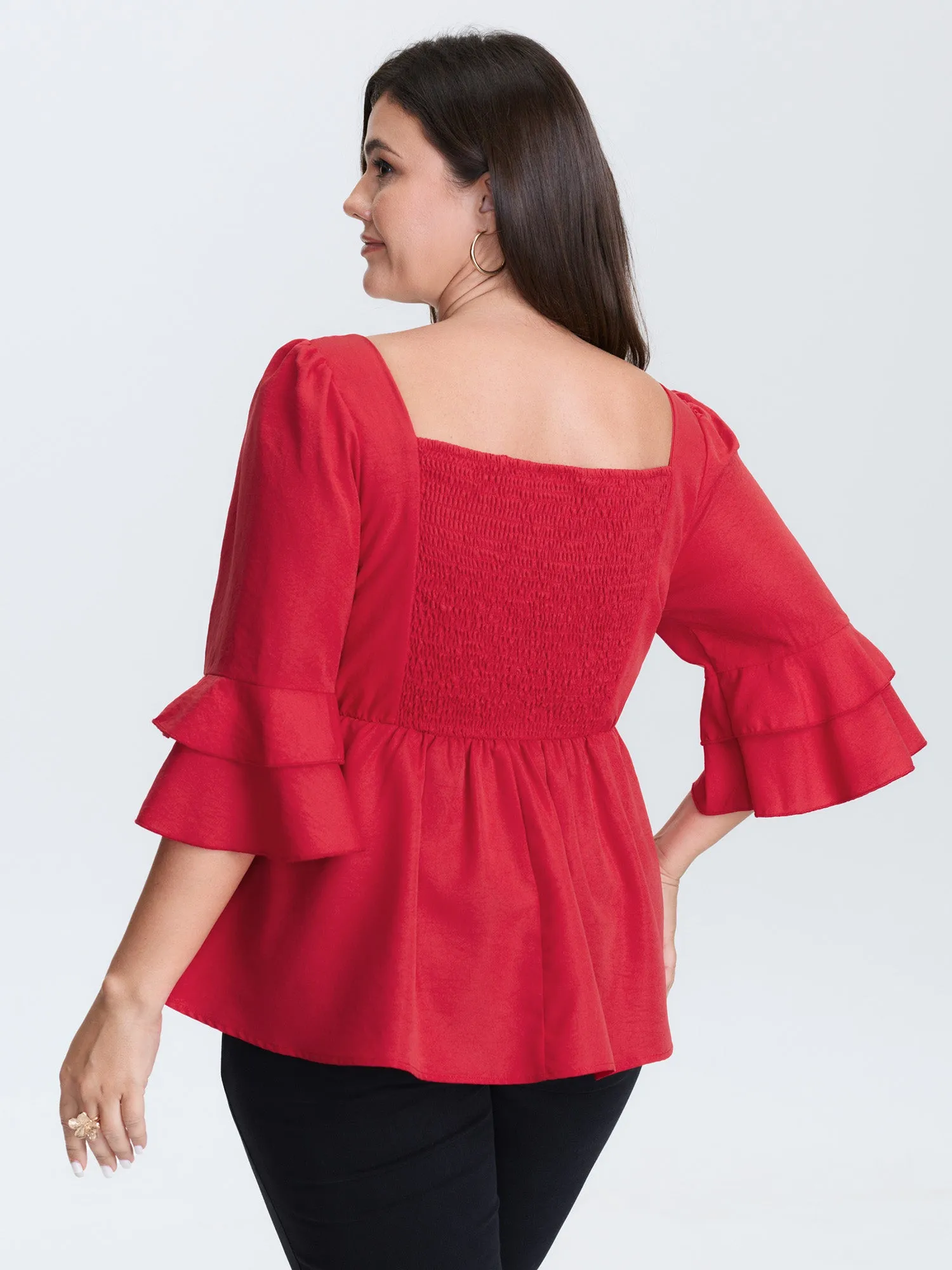 Lace Trim Shirred Back Flared Blouse sold by Bloomchic product image thumbnail 4