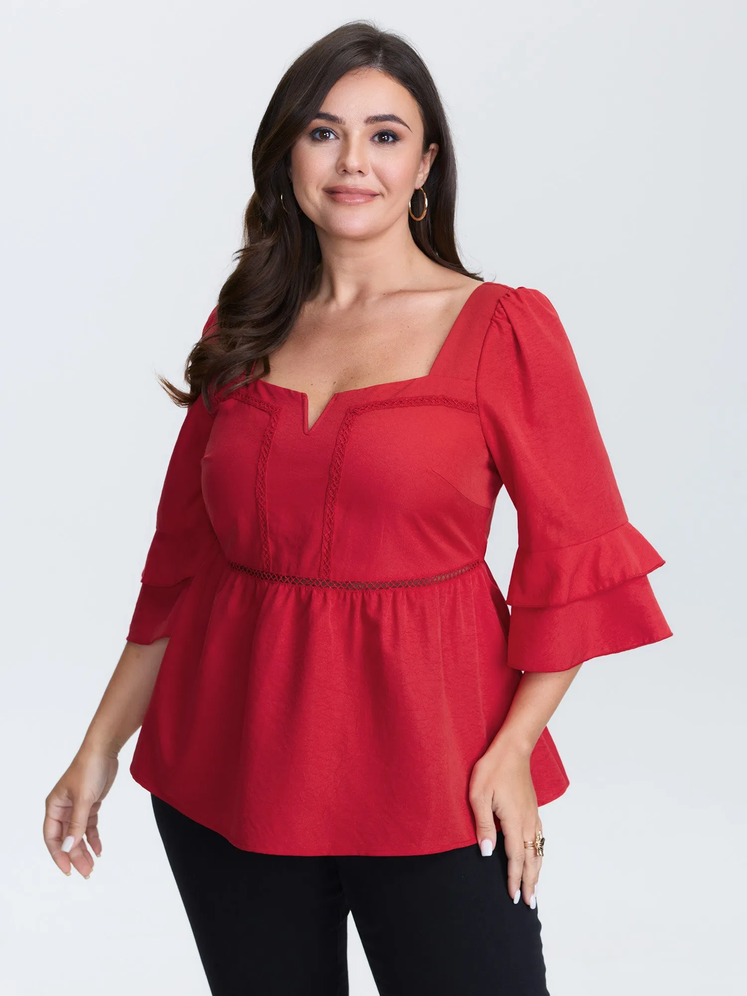 Lace Trim Shirred Back Flared Blouse sold by Bloomchic
