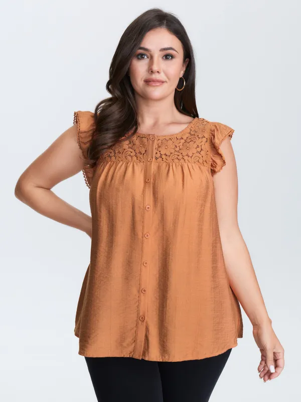 Ruffled Sleeve Button Detail Lace Tank Top sold by Bloomchic
