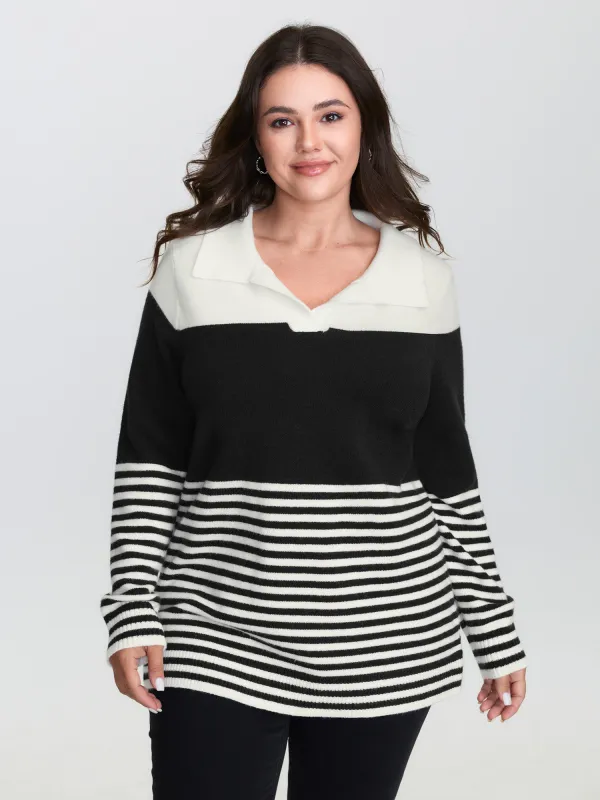 Supersoft Polo Collar Striped Colorblock Pullover made by Bloomchic