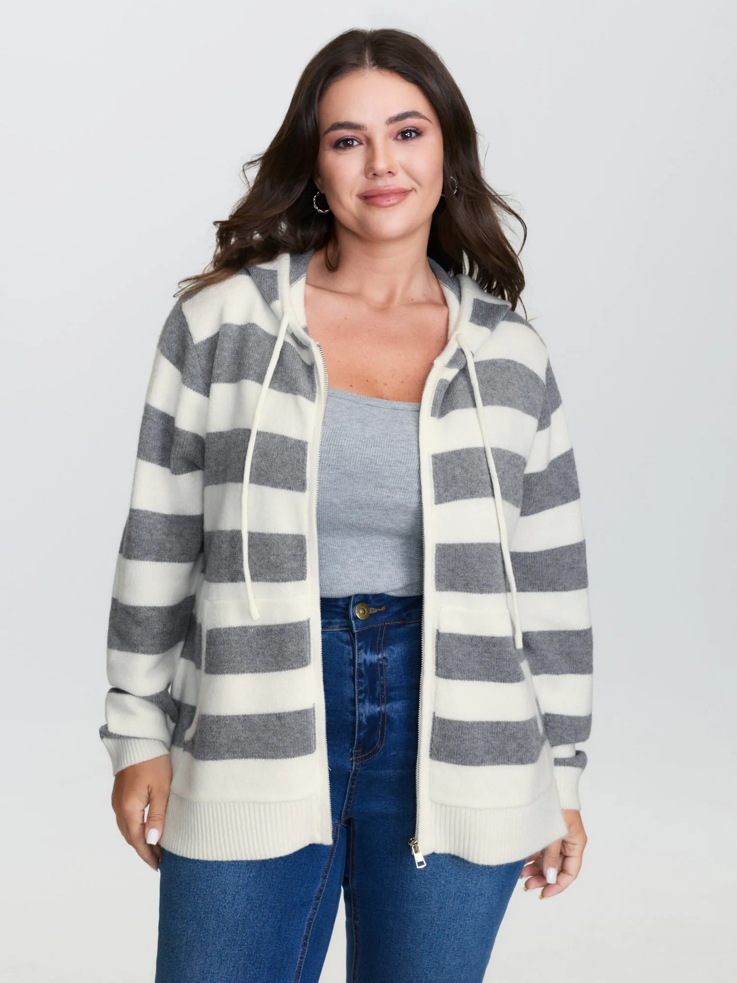 Striped Color Contrast Hooded Cardigan sold by Bloomchic