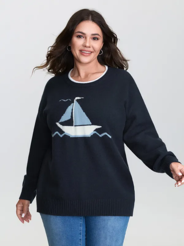 Jacquard Sail Pattern Color Contrast Pullover sold by Bloomchic