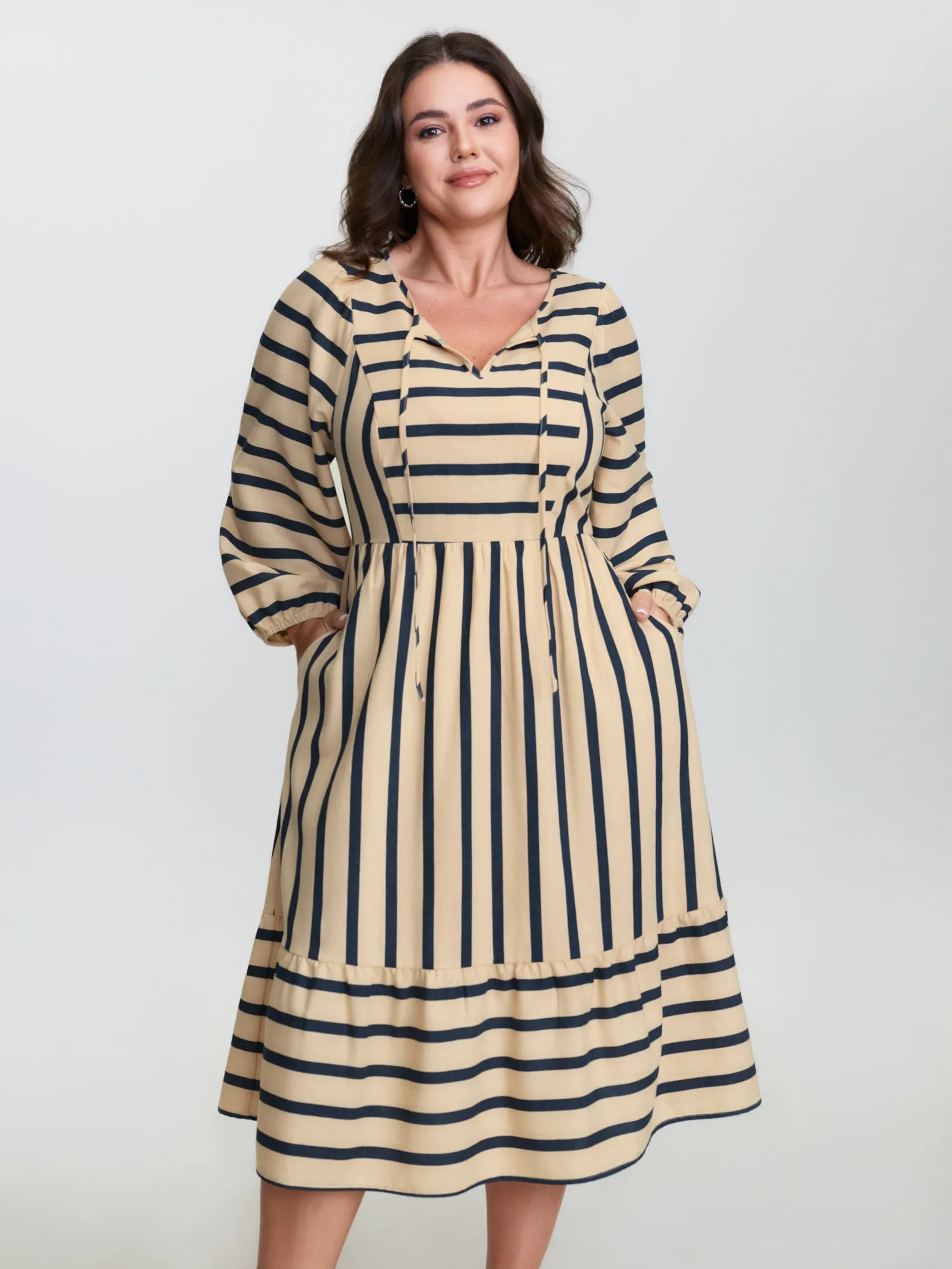 Cotton Linen Asymmetrical Striped Neckline Tie Midi Dress sold by Bloomchic