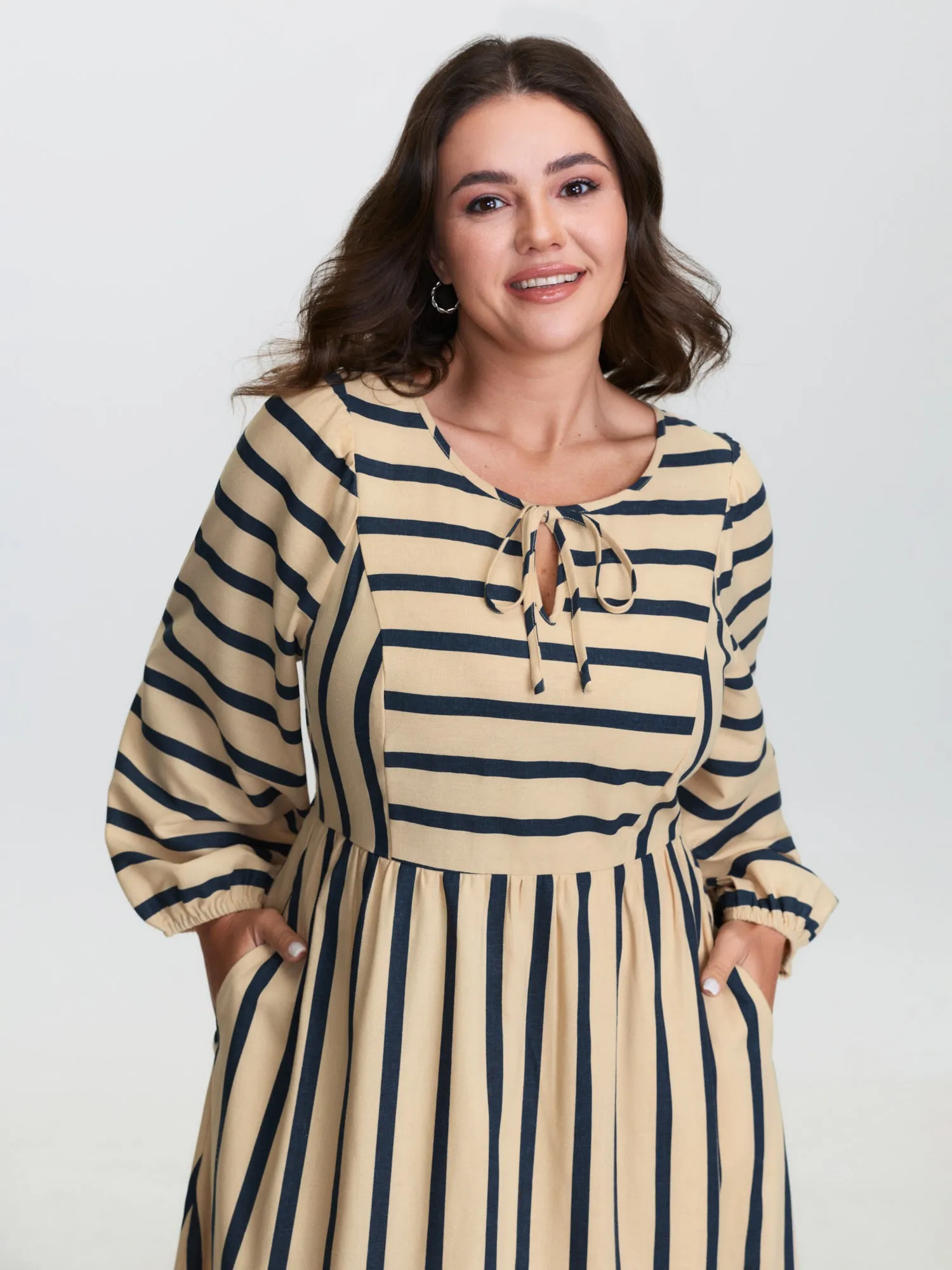 Cotton Linen Asymmetrical Striped Neckline Tie Midi Dress sold by Bloomchic product image thumbnail 2