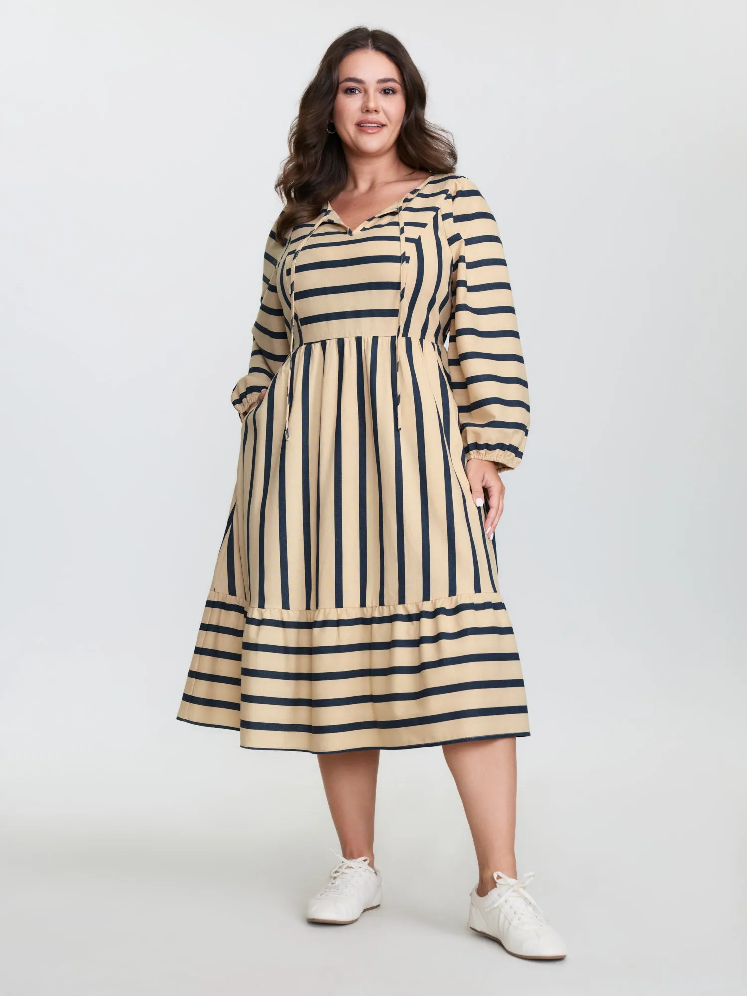 Cotton Linen Asymmetrical Striped Neckline Tie Midi Dress sold by Bloomchic product image thumbnail 3