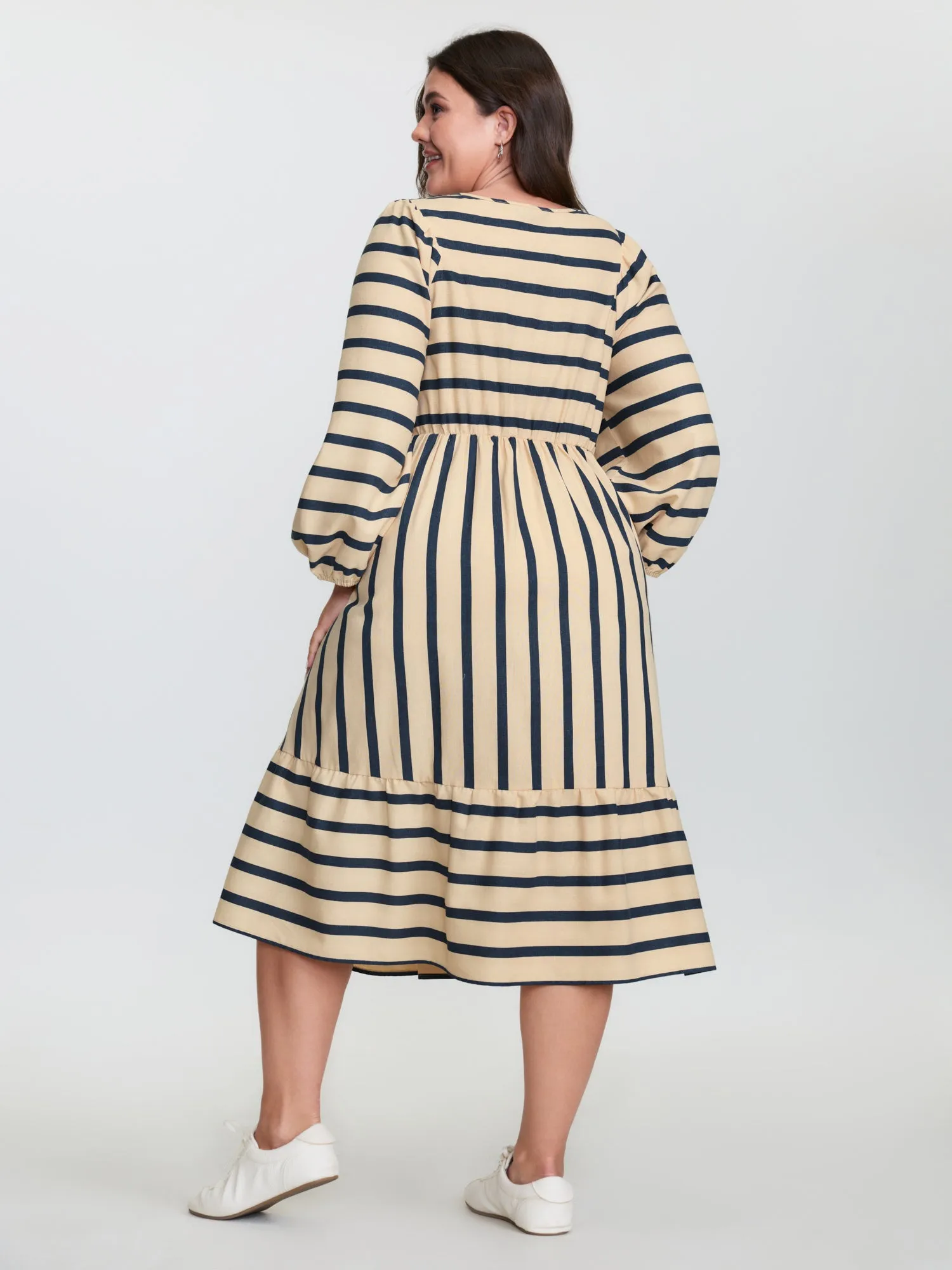 Cotton Linen Asymmetrical Striped Neckline Tie Midi Dress sold by Bloomchic product image thumbnail 4