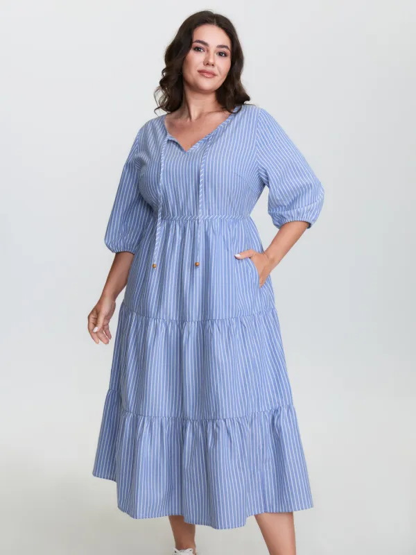 Striped Neck-Tie Tiered Midi Dress sold by Bloomchic