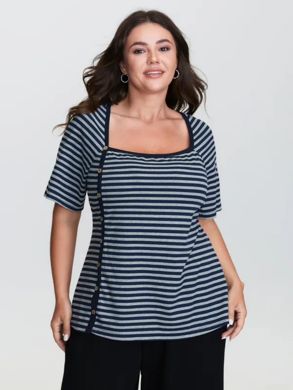 Striped Color Contrast Slit T-Shirt sold by Bloomchic