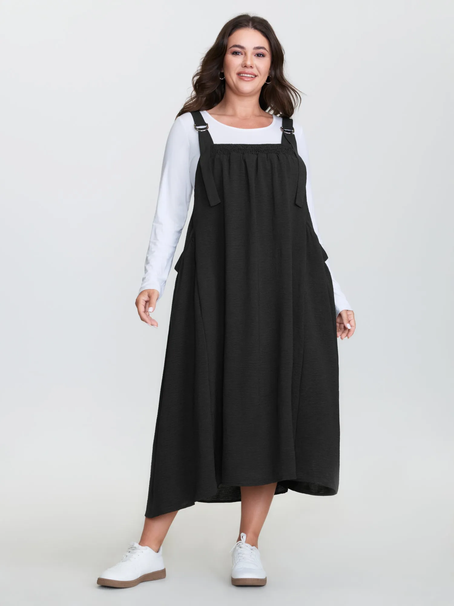 Adjustable Overall Straps Shirred Midi Dress sold by Bloomchic product image thumbnail 3
