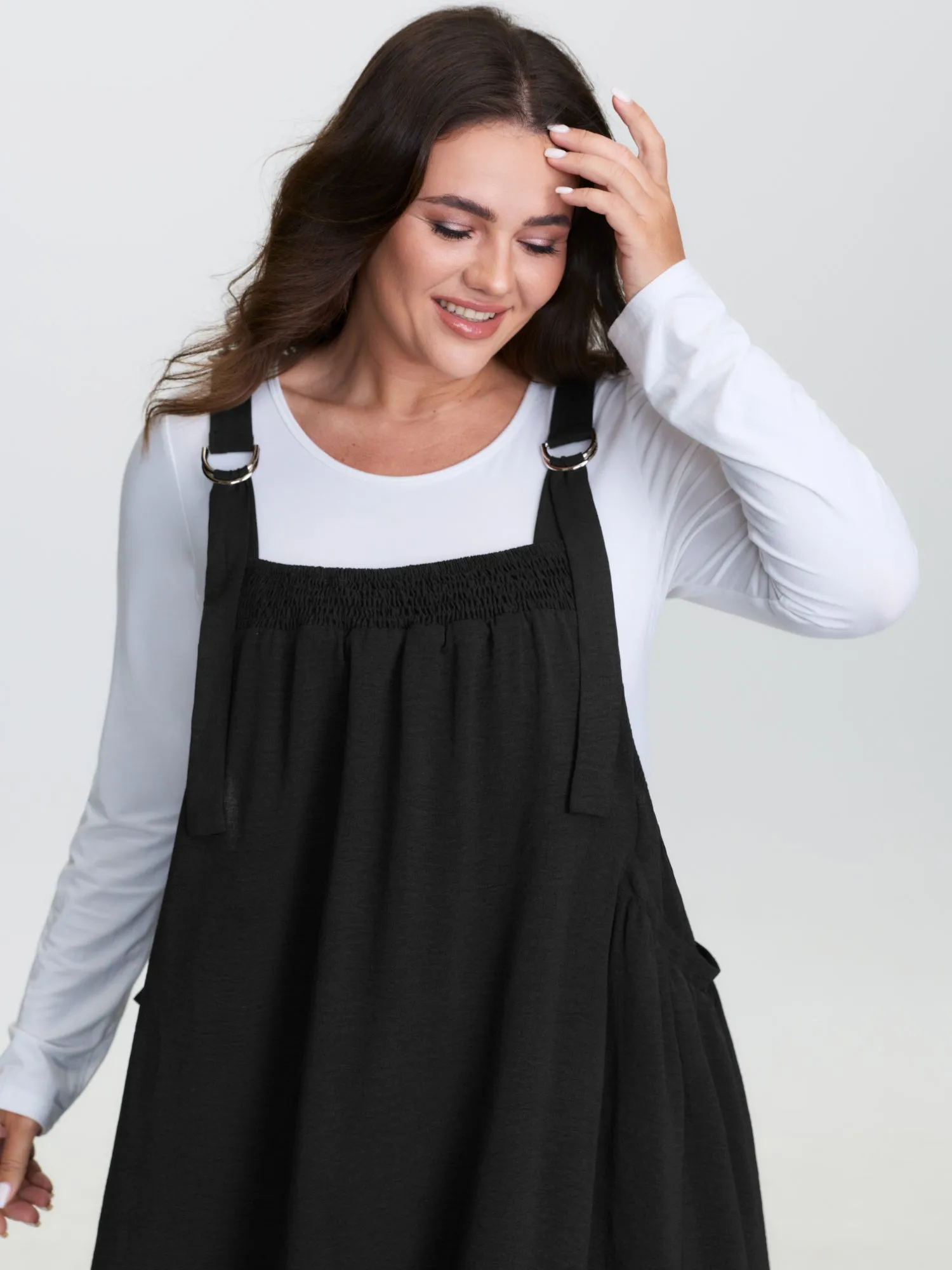 Adjustable Overall Straps Shirred Midi Dress sold by Bloomchic product image thumbnail 4