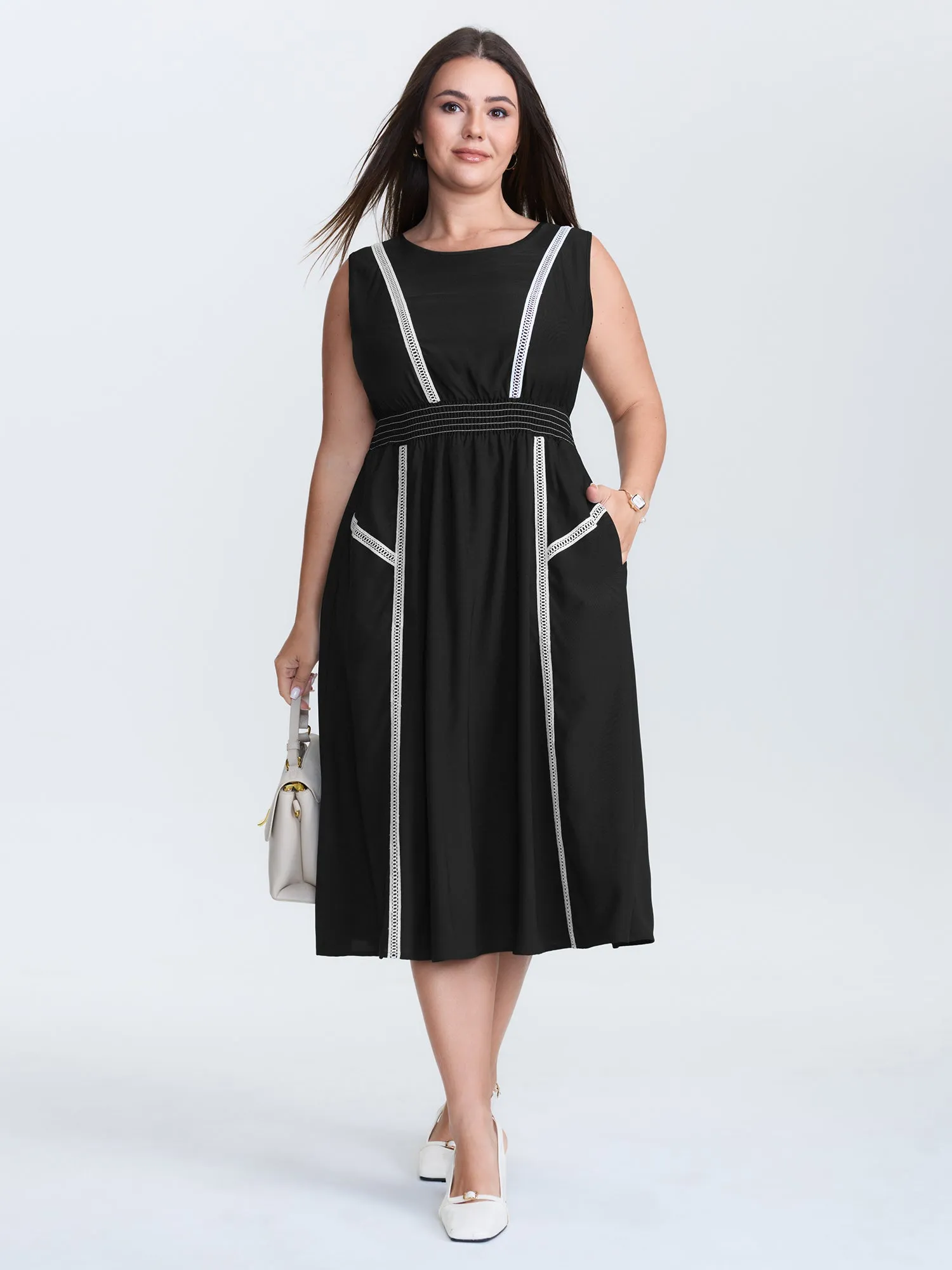 Lace Trim Shirred Waist Round Neck Midi Dress sold by Bloomchic product image thumbnail 3
