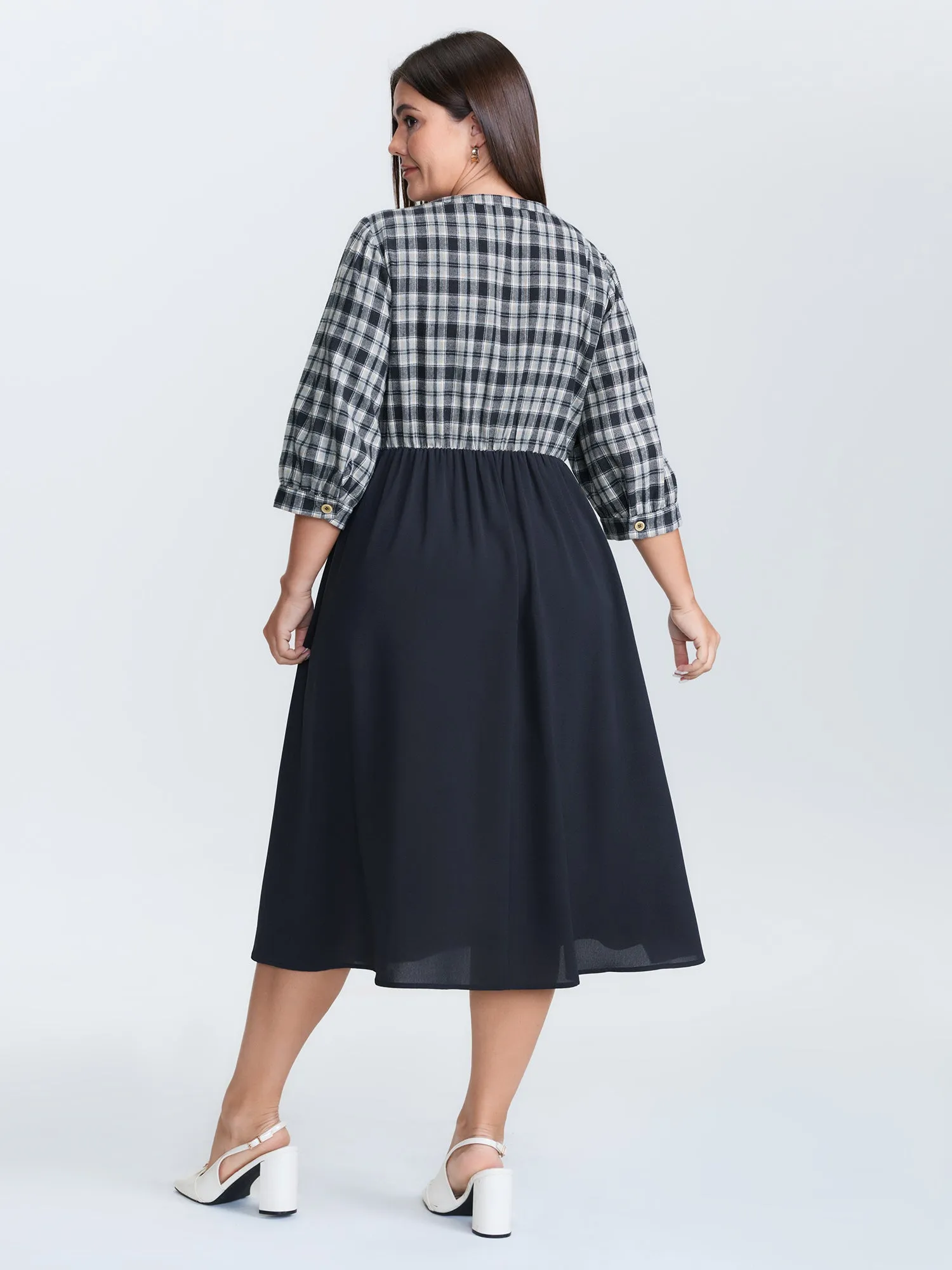 Grid Print Color Contrast Ruffled Midi Dress sold by Bloomchic product image thumbnail 4