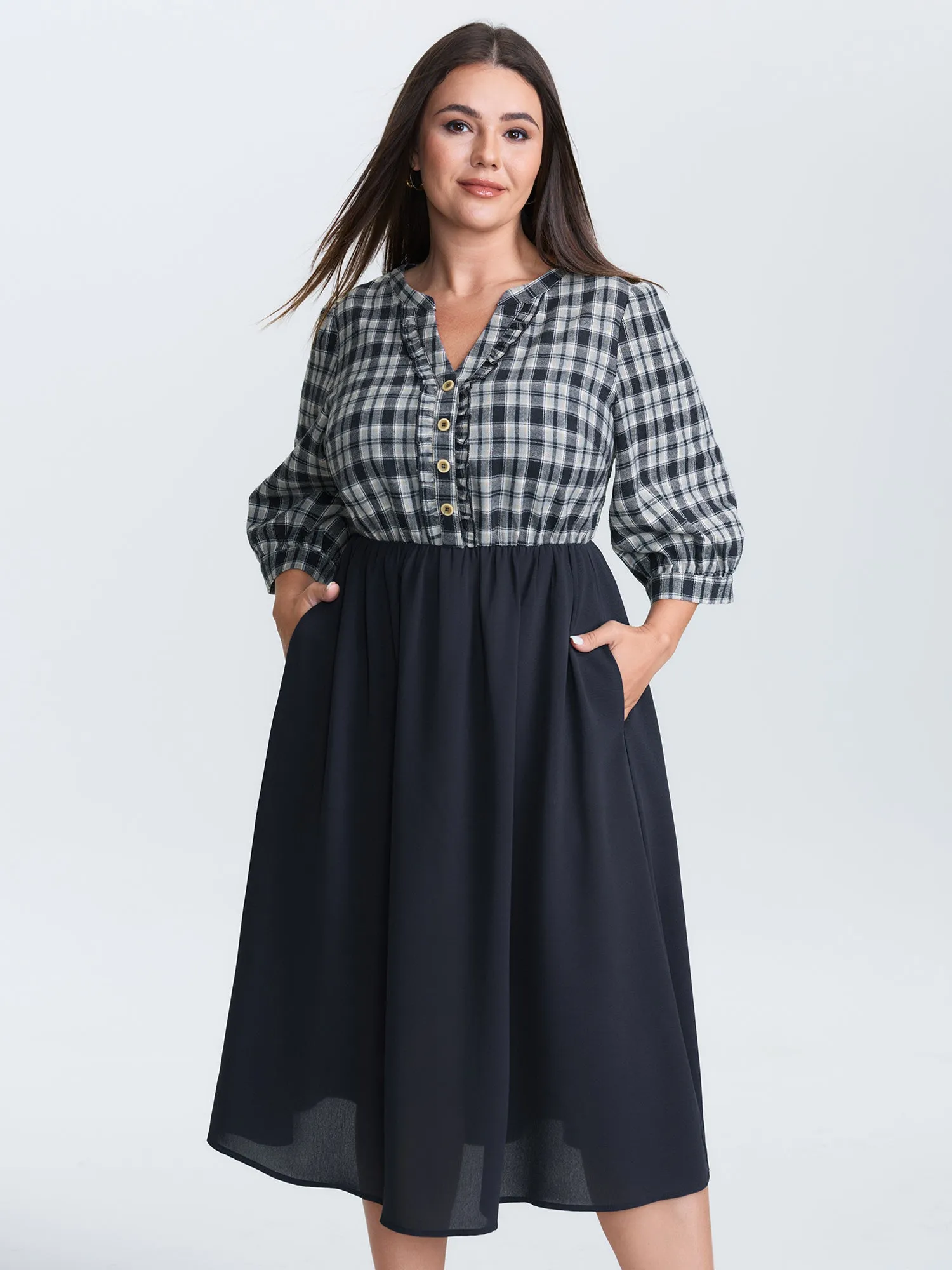 Grid Print Color Contrast Ruffled Midi Dress sold by Bloomchic product image thumbnail 3