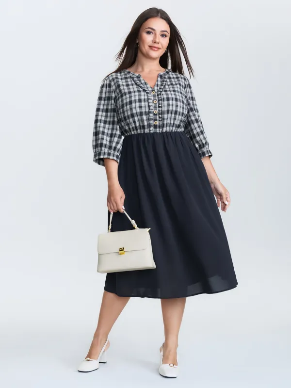 Grid Print Color Contrast Ruffled Midi Dress sold by Bloomchic