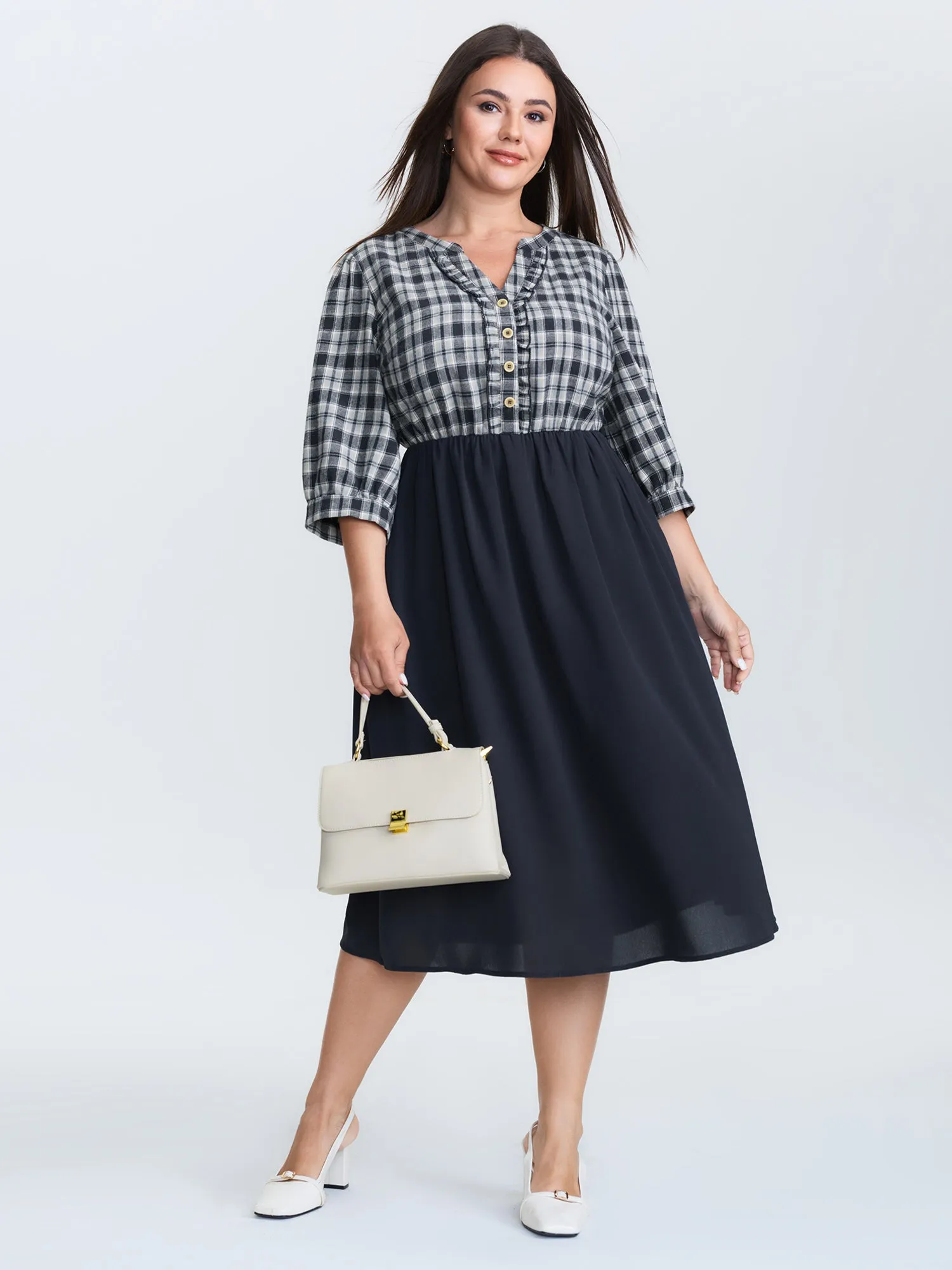 Grid Print Color Contrast Ruffled Midi Dress sold by Bloomchic